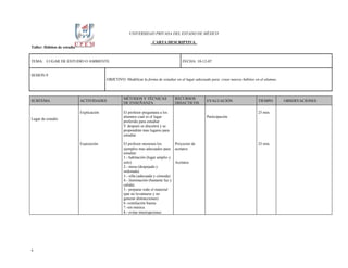UNIVERSIDAD PRIVADA DEL ESTADO DE MÉXICO

                                                                       CARTA DESCRIPTIVA
Taller: Hábitos de estudio


TEMA: LUGAR DE ESTUDIO O AMBIENTE                                                        FECHA: 10-12-07


SESION:9
                                           OBJETIVO: Modificar la forma de estudiar en el lugar adecuado para crear nuevos hábitos en el alumno.



                                                     MÉTODOS Y TÉCNICAS             RECURSOS
SUBTEMA                      ACTIVIDADES                                                              EVALUACIÓN                    TIEMPO         OBSERVACIONES
                                                     DE ENSEÑANZA                   DIDACTICOS

                             Explicación             El profesor preguntara a los                                                   25 min.
                                                     alumnos cual es el lugar                         Participación
Lugar de estudio
                                                     preferido para estudiar
                                                     Y después se discutirá y se
                                                     propondrán mas lugares para
                                                     estudiar

                             Exposición              El profesor mostrara los        Proyector de                                   25 min.
                                                     ejemplos mas adecuados para acetatos
                                                     estudiar:
                                                     1.- habitación (lugar amplio y
                                                     solo)                           Acetatos
                                                     2.- mesa (despejada y
                                                     ordenada)
                                                     3.- silla (adecuada y cómoda)
                                                     4.- iluminación (bastante luz y
                                                     calida)
                                                     5.- preparar todo el material
                                                     (par no levantarse y no
                                                     generar distracciones)
                                                     6.-ventilación buena
                                                     7.-sin música
                                                     8.- evitar interrupciones




9
 