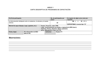 ANEXO 1
CARTA DESCRIPTIVA DE PROGRAMAS DE CAPACITACIÓN

Perfil del participante:

No. de participantes por
grupo:

La interconexión inteligente entre el conductor, el vehículo y el mundo
exterior.
Material de apoyo (Equipo, Lugar, papelería, etc.)

Fecha y lugar:

29 de Noviembre de 2013
Salón D 101.

Se requiere de algún curso como prerequisito:
NO ( )
SI ( X )

10

ESPECIFIQUE: Licencia tipo “A”
Equipo: Proyector, volvo 7300.
Lugar: Estacionamiento de pruebas y reparación de MB Línea 6.
Papelería: Pizarra, plumones, lápices, plumones.
Otros: Bibliografías a fines con LTV.
Instructor:
Equipo # 9

Observaciones:
___________________________________________________________________________________________________
___________________________________________________________________________________________________
___________________________________________________________________________________________________
___________________________________________________________________________________________________
___________________________________________________________________________________________________
_______________________________________________________

 