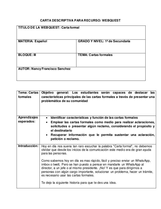 carta descriptiva para recurso webquest cartas en espanol formales