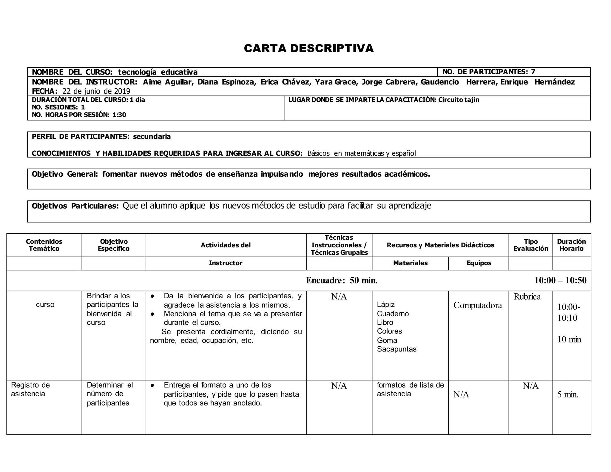 Carta descriptiva (plan clase) | DOCX