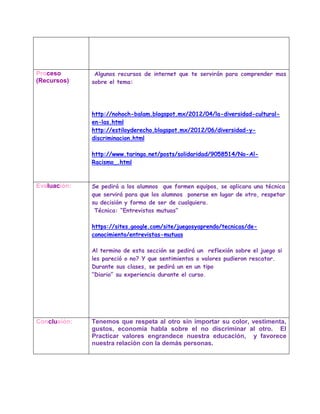 Proceso        Algunos recursos de internet que te servirán para comprender mas
(Recursos):   sobre el tema:




              http://nohoch-balam.blogspot.mx/2012/04/la-diversidad-cultural-
              en-las.html
              http://estiloyderecho.blogspot.mx/2012/06/diversidad-y-
              discriminacion.html

              http://www.taringa.net/posts/solidaridad/9058514/No-Al-
              Racismo_.html



Evaluación:   Se pedirá a los alumnos que formen equipos, se aplicara una técnica
              que servirá para que los alumnos ponerse en lugar de otro, respetar
              su decisión y forma de ser de cualquiera.
               Técnica: “Entrevistas mutuas”

              https://sites.google.com/site/juegosyaprendo/tecnicas/de-
              conocimiento/entrevistas-mutuas

              Al termino de esta sección se pedirá un reflexión sobre el juego si
              les pareció o no? Y que sentimientos o valores pudieron rescatar.
              Durante sus clases, se pedirá un en un tipo
              “Diario” su experiencia durante el curso.




Conclusión:   Tenemos que respeta al otro sin importar su color, vestimenta,
              gustos, economía habla sobre el no discriminar al otro. El
              Practicar valores engrandece nuestra educación, y favorece
              nuestra relación con la demás personas.
 