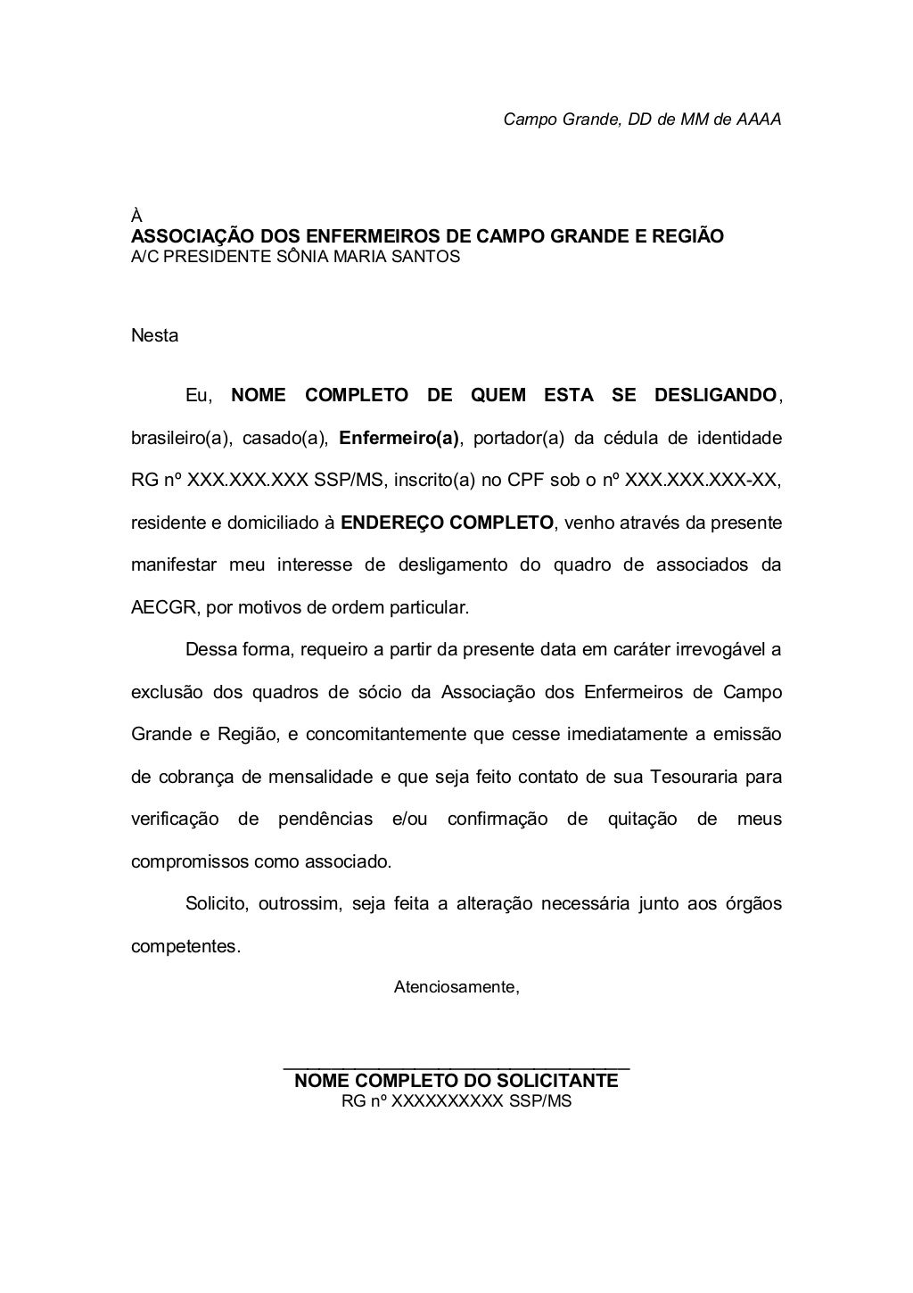 Modelo de requerimento de desligamento de associado