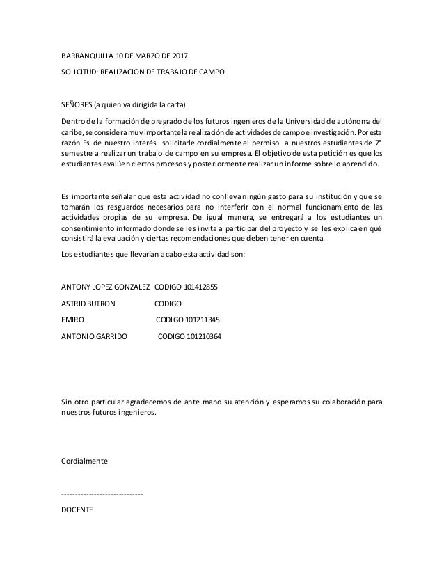 Carta De Trabajo De Campo