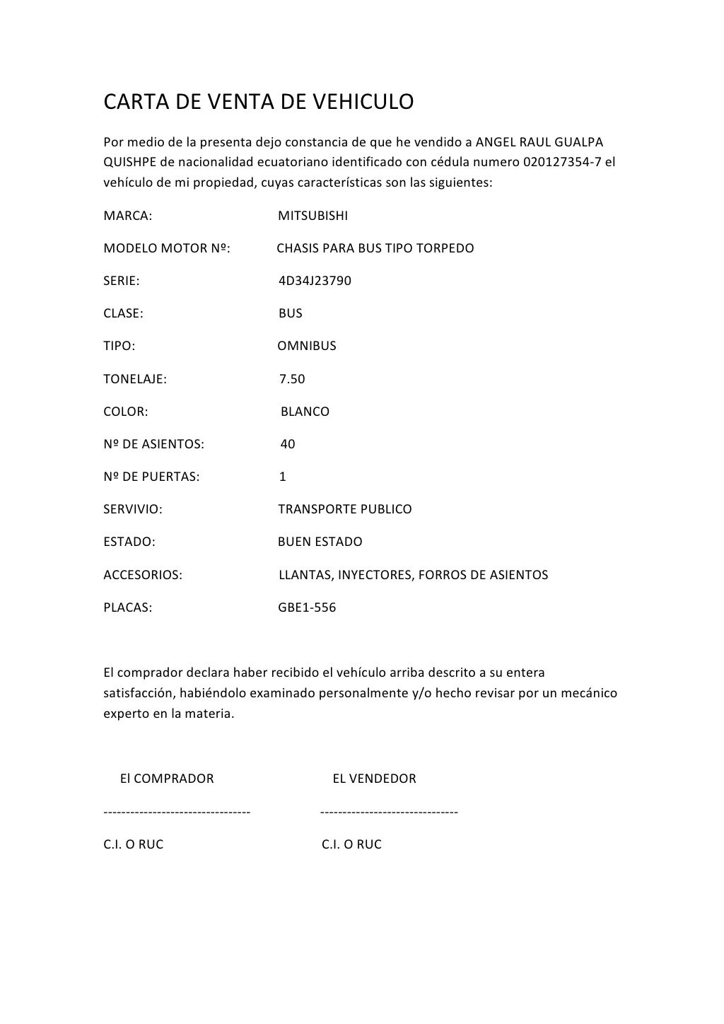 Carta de venta de vehiculo