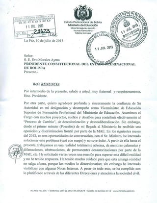 Carta de viceministro de Educación a Evo Morales