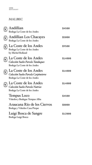 MALBEC
Andillian $4500
Bodega La Coste de los Andes
Andillian Los Chacayes $5000
Bodega La Coste de los Andes
La Coste de los Andes $9500
Bodega La Coste de los Andes
by Michel Rolland
La Coste de los Andes $14000
Colección Suelos Parcela Tunduques
Bodega La Coste de los Andes
La Coste de los Andes $14000
Colección Suelos Parcela Carpineteros
Bodega La Coste de los Andes
La Coste de los Andes $14000
Colección Suelos Parcela Nutrias
Bodega La Coste de los Andes
Tempus Loco $4500
Viñedos y Bodegas Tempus Alba
Araucana Río de los Ciervos $8000
Bodega y Viñedos Casa Pirque
Luigi Bosca de Sangre $12000
Bodega Luigi Bosca
SIPAN
RESTAURANT
 