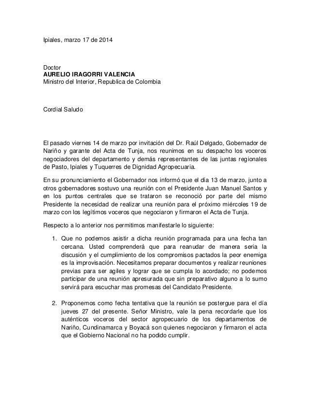 Carta De Voceros De Dignidad Agropecuaria Narino A Ministro Del Inter