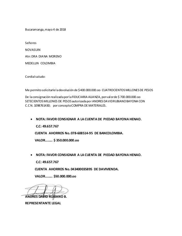 Carta devolucion novasuin