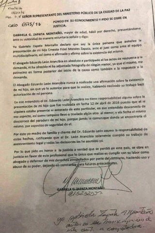 Carta de Gabriela Zapata al Ministerio Público