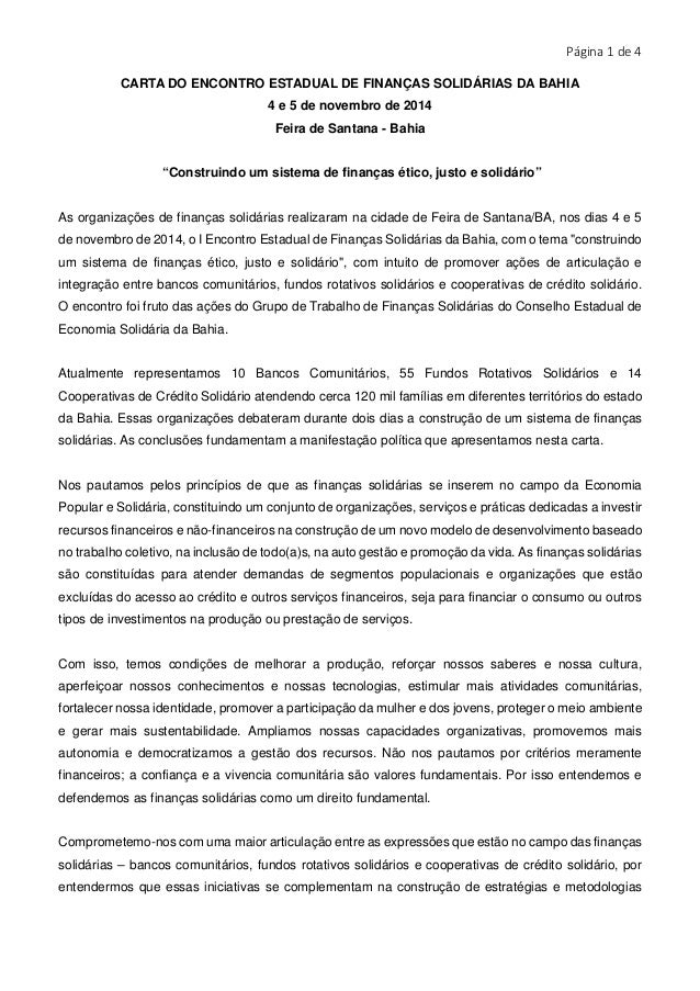 Carta do Encontro Estadual de Finanças Solidárias - Ba 