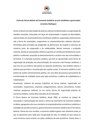 Carta do Forum Baiano de Economia Solidária