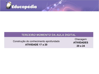 TERCEIRO MOMENTO DA AULA DIGITALTERCEIRO MOMENTO DA AULA DIGITAL
Construção do conhecimento aprofundado
ATIVIDADE 17 a 20
Checagem
ATIVIDADES
20 a 24
 