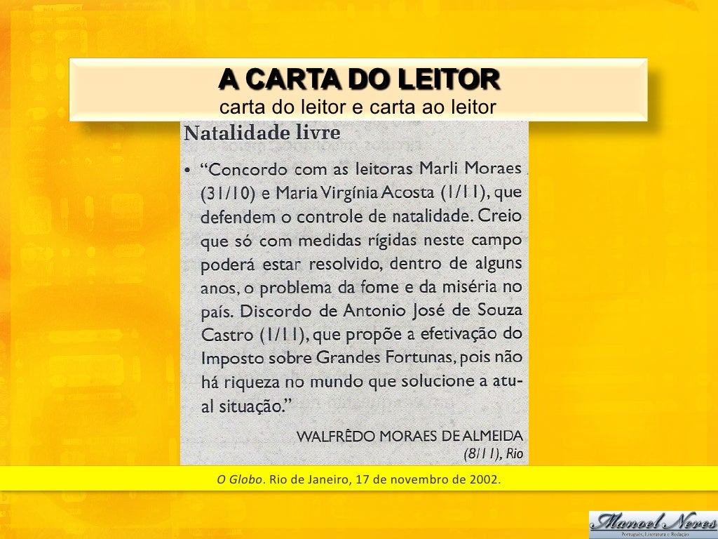 Qual é O Assunto Principal Dessa Carta De Leitor