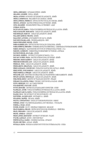 60
ORFILA, BERNARDO - ULTRAMAR EXPRESS -ESPAÑA
ORLANDO, GIUSEPPE - INSULA-ESPAÑA
OROSA,ANTONIO-PATRONATO DETURISMO DE LANZAROTE - ESPAÑA
ORTEGA, DOMINGO M.-PARLAMENTO DE CANARIAS -ESPAÑA
ORTEGA PRIEGO, FEDERICO -DIPUTACION PROVINCIALDE CORDOBA-ESPAÑA
ORTIZ H.,ANGELES - MASTER INTERNACIONALDETURISMO -ESPAÑA
OHTA, MASAHIDE - OKINAWA PREFECTURAL GOVERNMENT-JAPAN
OTHMAN, RUZITA-
PACIN SAN LUIS, MARIA - FUNDACION EMPRESAUNIVERSIDAD DE LALAGUNA-ESPAÑA
PAEZ GUADALUPE, MARGARITA - CABILDO DE LANZAROTE -ESPAÑA
PAEZ MORALES, MARCOS - CABILDO DE LANZAROTE -ESPAÑA
PALLARES QUEROZ,VIRGINIA -ESPAÑA
PALLICER P.,ANTONIO-AYUNTAMIENTO DE CALVIA-ESPAÑA
PANCORVO PASARA,ANEL - PRODENIAAREQUIPA -PERU
PARDO FERNANDEZ, MIGUEL-ESPAÑA
PARRA RAMIREZ,ANA -DIPUTACION PROVINCIALDE CIUDAD REAL-ESPAÑA
PARRASUPERVÍA,FERNANDO-CONSEJERIADEPOLITICATERRITORIAL-COMUNIDADAUTONOMADEMADRID-ESPAÑA
PARRIS, RONALD G. - RALPH BUNCHE INSTITUTE OF INTERNATIONALSTUDIES -U.S.A.
PARSONS, CATHERINE- COMMONWEALTH DEPARTMENT OFTOURISM -AUSTRALIA
PASTORTEJEDOR,ANACLARA -ESPAÑA
PATOSKIE, JOSEPH D. - UNIVERSITYOF HAWAIIAT MANOA-U.S.A.
PAUCAR CACERES, NILDA - MASTER INTERNACIONAL DETURISMO -ESPAÑA
PERDOMO, MARIOALBERTO - CABILDO DE LANZAROTE -ESPAÑA
PERDOMO RODRIGUEZ, LUIS - CABILDO DE LANZAROTE -ESPAÑA
PERERAB., NONA - CABILDO DE LANZAROTE -ESPAÑA
PERERABRITO, SEBASTIANA - CABILDO DE LANZAROTE - ESPAÑA
PEREZ GONZALEZ, CONCEPCION - FUNDACION CÁNOVAS DELCASTILLO - ESPAÑA
PEREZ NUÑEZ, JOSE DOMINGO - CABILDO DE LANZAROTE -ESPAÑA
PEREZ PARRILLA, ENRIQUE - CABILDO DE LANZAROTE -ESPAÑA
PEÑALVER, LUIS- MINISTERIO DE OBRAS PUBLICASTRANSPORTESY MEDIOAMBIENTE - ESPAÑA
PEÑATE SANTANA,WENCESLAO - CABILDO DE LANZAROTE -ESPAÑA
PIHLSTRÖM, BENGT -MINISTRY OFTRADEAND INDUSTRY-FINLAND
PINDADOVILLANUEVA,TOMAS-TURISMOY GESTION DE LACALIDAD -ESPAÑA
PINTO, HENRIQUE- ECO - SAOTOMEEPRINCIPE
PITA MARTINEZ, JUAN JOSE -ESPAÑA
PITTET, EDOUARD - CENTRE ECOLOGIQUEALBERT SCHWEITZER -SUISSE
PLANELLES, JAVIER- FUNDACION EMPRESAUNIVERSIDAD DE LA LAGUNA-ESPAÑA
PLANELLES GARCIA, ELENA - FUNDACION EMPRESA UNIVERSIDAD DE LALAGUNA-ESPAÑA
PLANGE, NII-K-THE UNIVERSITY OFTHE SOUTH PACIFIC -FIJI
PLETTENER, JACQUES LEON - NOSTRAMO S.A. -ESPAÑA
POLADURA, MANUEL - HECANSA-ESPAÑA
POLITIS, CONSTANTINOS - SCHOOLOFTOURISM PROFESSIONS -GREECE
POPESKU, JOVAN - POLITEHNICKAAKADEMIJA «NOVI BEOGRAD» -YUGOSLAVIA
PORTELA, CESAR-ESPAÑA
POWER, EUGENE - DG XVI - EUROPEAN COMMISSION -BELGIQUE
PRATO BARBOSA, NELSON - CENTRO DE ESTUDIOS DEL DESARROLLO - VENEZUELA
PRATS, FERNANDO - CABILDO DE LANZAROTE -ESPAÑA
PRINTE, ANDREAS-GERMANY
PRZECLAWSKI, KRZYSZTOF - UNIVERSITY OFWARSAW-POLAND
PTACEK, LADISLAV-ADONIS -CZECHREPUBLIC
PUENTE DÁVILA, ISAURO - CONGRESO NACIONAL -ECUADOR
PULIDO, HECTORJ. -ASOLAN -ESPAÑA
PUTSILLO, ELENA - RUSSIANACADEMYINSTITUTE FOR SYSTEMSANALYSIS - RUSSIA
 