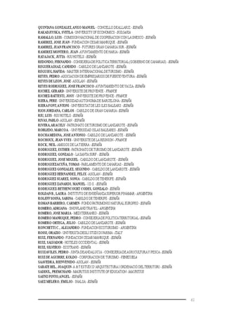 61
QUINTANA GONZALEZ,ANXO MANUEL - CONCELLO DEALLARIZ -ESPAÑA
RAKADJIYSKA, SVETLA- UNIVERSITY OF ECONOMICS -BULGARIA
RAMALLO, LUIS - COMISION NACIONAL DE COOPERACION CON LAUNESCO -ESPAÑA
RAMIREZ, JOSE JUAN - FUNDACION CESAR MANRIQUE -ESPAÑA
RAMIREZ, JUAN FRANCISCO - FUTURES GRAN CANARIA SUR -ESPAÑA
RAMIREZ MONTERO, JUAN-AYUNTAMIENTO DE HARIA-ESPAÑA
RATAJACK, JUTTA - RIU HOTELS -ESPAÑA
REDONDO, FERNANDO - CONSEJERIADE POLITICATERRITORIAL(GOBIERNO DE CANARIAS) -ESPAÑA
REGUERADIAZ, CANDIDO - CABILDO DE LANZAROTE -ESPAÑA
REGUIEG, HAFIDA - MASTER INTERNACIONALDETURISMO - ESPAÑA
REYES, PEDRO-ASOCIACION DE EMPRESARIOS DE FUERTEVENTURA-ESPAÑA
REYES DE LEON, JOSE-ASOLAN -ESPAÑA
REYES RODRIGUEZ, JOSE FRANCISCO-AYUNTAMIENTO DEYAIZA-ESPAÑA
RICHEZ, GERARD- UNIVERSITE DE PROVENCE - FRANCE
RICHEZ-BATTESTI, JOSY - UNIVERSITE DE PROVENCE -FRANCE
RIERA, PERE- UNIVERSIDADAUTONOMADE BARCELONA-ESPAÑA
RIERAFONT,ANTONI - UNIVERSITATDE LES ILES BALEARS -ESPAÑA
RIOS JORDANA, CARLOS - CABILDO DE GRAN CANARIA-ESPAÑA
RIU, LUIS - RIU HOTELS -ESPAÑA
RIVAS, PABLO-ASOLAN -ESPAÑA
RIVERA,ARACELY-PATRONATO DETURISMO DE LANZAROTE -ESPAÑA
ROBLEDO, MARCOA. - UNIVERSIDAD ISLAS BALEARES -ESPAÑA
ROCHAMEDINA, JOSEANTONIO- CABILDO DE LANZAROTE - ESPAÑA
ROCHOUX, JEAN-YVES - UNIVERSITE DE LA REUNION -FRANCE
ROCK, NEIL-AMIGOS DE LATIERRA -ESPAÑA
RODRIGUEZ, ESTHER-PATRONATO DETURISMO DE LANZAROTE -ESPAÑA
RODRIGUEZ, GONZALO - LASANTA SURF - ESPAÑA
RODRIGUEZ, JOSE MIGUEL- CABILDO DE LANZAROTE - ESPAÑA
RODRIGUEZACUÑA, TOMAS-PARLAMENTO DE CANARIAS - ESPAÑA
RODRIGUEZ GONZALEZ, SEGUNDO - CABILDO DE LANZAROTE -ESPAÑA
RODRIGUEZ HERNANDEZ, FELIX-ASOLAN -ESPAÑA
RODRIGUEZ SUAREZ, SONIA - CABILDO DETENERIFE -ESPAÑA
RODRIGUEZ ZANARDI, MANUEL-I.D.S.-ESPAÑA
RODRIGUEZ-BETHENCOURT CODES, GONZALO-ESPAÑA
ROLDAN B., LAURA-INSTITUTO DE ENSEÑANZASUPERIOR PINAMAR -ARGENTINA
ROLEFFSOSNA, SABINA - CABILDO DETENERIFE -ESPAÑA
ROMAN BARBERO, CARMEN -FONDOPATRIMONIO NATURAL EUROPEO -ESPAÑA
ROMERO,ADRIANA - SNOWLANDTRAVEL-ARGENTINA
ROMERO, JOSE MARIA - MEDITERRANEO -ESPAÑA
ROMERO MANRIQUE, PEDRO - CONSEJERIADE POLITICATERRITORIAL-ESPAÑA
ROMERO ORTEGA, JULIO - CABILDO DE LANZAROTE -ESPAÑA
RONCHETTI C., ALEJANDRO- FUNDACION ECOTURISMO - ARGENTINA
ROSSI, ORAZIO - UNIVERSITA DEGLI STUDI DI PARMA-ITALY
RUIZ, FERNANDO- FUNDACION CESAR MANRIQUE -ESPAÑA
RUIZ, SALVADOR- HOTELES OCCIDENTAL-ESPAÑA
RUIZ, SILVERIO - ECOTRANS -ESPAÑA
RUIZAVILES, PEDRO - JUNTA DEANDALUCIA - CONSEJERIADEAGRICULTURAY PESCA-ESPAÑA
RUIZ DE AGUIRRE, KOLDO - CORPORACION DE TURISMO -VENEZUELA
SAAVEDRA, BIENVENIDO-ASOLAN - ESPAÑA
SABATE BEL, JOAQUIN-A &T ESTUDI D’ARQUITECTURAI ORDENACIÓ DELTERRITORI- ESPAÑA
SADDUL, PREMCHAND- MAURITIUS INSTITUTE OF EDUCATION -MAURITIUS
SAENZ PINTO,ANGEL -ESPAÑA
SAEZ MELERO, EMILIO - INALSA-ESPAÑA
 
