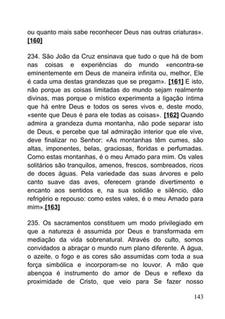 ou quanto mais sabe reconhecer Deus nas outras criaturas».
[160]
234. São João da Cruz ensinava que tudo o que há de bom
nas coisas e experiências do mundo «encontra-se
eminentemente em Deus de maneira infinita ou, melhor, Ele
é cada uma destas grandezas que se pregam». [161] E isto,
não porque as coisas limitadas do mundo sejam realmente
divinas, mas porque o místico experimenta a ligação íntima
que há entre Deus e todos os seres vivos e, deste modo,
«sente que Deus é para ele todas as coisas». [162] Quando
admira a grandeza duma montanha, não pode separar isto
de Deus, e percebe que tal admiração interior que ele vive,
deve finalizar no Senhor: «As montanhas têm cumes, são
altas, imponentes, belas, graciosas, floridas e perfumadas.
Como estas montanhas, é o meu Amado para mim. Os vales
solitários são tranquilos, amenos, frescos, sombreados, ricos
de doces águas. Pela variedade das suas árvores e pelo
canto suave das aves, oferecem grande divertimento e
encanto aos sentidos e, na sua solidão e silêncio, dão
refrigério e repouso: como estes vales, é o meu Amado para
mim».[163]
235. Os sacramentos constituem um modo privilegiado em
que a natureza é assumida por Deus e transformada em
mediação da vida sobrenatural. Através do culto, somos
convidados a abraçar o mundo num plano diferente. A água,
o azeite, o fogo e as cores são assumidas com toda a sua
força simbólica e incorporam-se no louvor. A mão que
abençoa é instrumento do amor de Deus e reflexo da
proximidade de Cristo, que veio para Se fazer nosso
143
 