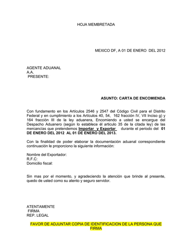 Carta de a agente aduanal para importación y exportación PDF
