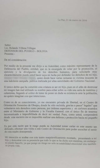 Carta enviada por Gabriela Zapata al Defensor del Pueblo