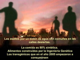 Los asaltos por un bidón de agua son comunes en las calles desiertas.  La comida es 80% sintética.  Alimentos construidos por la Ingeniería Genética Los transgénicos que en el año 2005 empezaron a consumirsen  