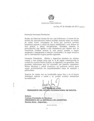 Carta de Evo Morales a Cristina Fernández