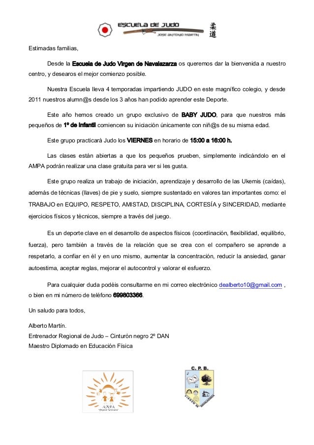 Carta familias 1º infantil escuela de judo virgen de 