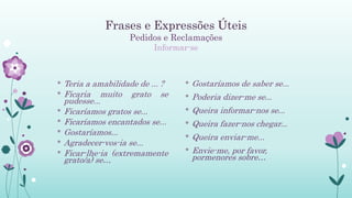 Frases e Expressões Úteis
Pedidos e Reclamações
Informar-se
* Teria a amabilidade de ... ?
* Ficaria muito grato se
pudesse...
* Ficaríamos gratos se...
* Ficaríamos encantados se...
* Gostaríamos...
* Agradecer-vos-ia se...
* Ficar-lhe-ia (extremamente
grato/a) se…
* Gostaríamos de saber se...
* Poderia dizer-me se...
* Queira informar-nos se...
* Queira fazer-nos chegar...
* Queira enviar-me...
* Envie-me, por favor,
pormenores sobre…
 