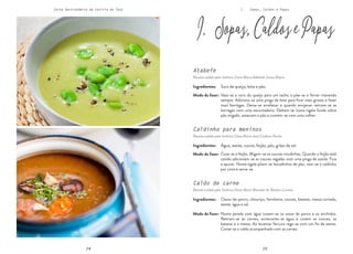 24 25
24 25
Carta Gastronómica da Lezíria do Tejo I. Sopas, Caldos e Papas
I. Sopas,CaldosePapas
Atabefe
Receita cedida pela Senhora Dona Maria Adelaide Sousa Matos
Vaza-se o soro do queijo para um tacho e põe-se a ferver mexendo
sempre. Adiciona-se uma pinga de leite para ficar mais grosso e fazer
mais borregas. Deixa-se arrefecer e quando enrijecer retiram-se as
borregas com uma escumadeira. Deitam-se numa tigela funda sobre
pão migado, amaciam o pão e comem-se com uma colher.
Soro de queijo, leite e pão.
Modo de fazer:
Caldinho para meninos
Receita cedida pela Senhora Dona Maria José Cardoso Rocha
Coze-se o feijão. Migam-se as couves miudinhas. Quando o feijão está
cozido adicionam-se as couves regadas com uma pinga de azeite. Fica
a apurar. Numa tigela põem-se bocadinhos de pão, vaza-se o caldinho
por cima e serve-se.
Água, azeite, couve, feijão, pão, grãos de sal.
Modo de fazer:
Caldo de carne
Receita cedida pela Senhora Dona Maria Manuela do Rosário Correia
Numa panela com água cozem-se os ossos do porco e os enchidos.
Retiram-se as carnes, acrescenta-se água e cozem as couves, as
batatas e a massa. Ao levantar fervura rega-se com um fio de azeite.
Come-se o caldo acompanhado com as carnes.
Ossos-de-porco, chouriço, farinheira, couves, batatas, massa cortada,
azeite, água e sal.
Modo de fazer:
Ingredientes:
Ingredientes:
Ingredientes:
 