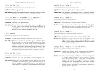 26 27
26 27
Carta Gastronómica da Lezíria do Tejo I. Sopas, Caldos e Papas
Canja de galinha II
Receita cedida pela Senhora Dona Albertina Maia Rosa
Canja de galinha I
Receita cedida pela Senhora Dona Olívia Rosa Morais Correia
Coze-se a galinha na companhia da linguiça e do toucinho. Depois da
cozedura retiram-se as carnes e mete-se o arroz. Coze o arroz e serve-se.
Coze-se a galinha com uma cebola e água temperada de sal. Ao a galinha
estar cozida retira-se, junta-se o arroz ou a massa e coze. Na altura de a
canja ser servida acresce um raminho de hortelã para dar gosto.
Água, arroz, galo ou galinha, linguiça e toucinho.
Modo de fazer:
Galinha, água, arroz ou massa, cebola, hortelã e sal.
Modo de fazer:
Canja de galinha III
Receita cedida pela Senhora Dona Maria da Conceição Nuno Marques
Numa panela com água e temperada de sal põe-se a galinha a cozer.
Depois de cozida retira-se da água onde cozeu e junta-se o arroz ou
massa e o chouriço para cozer. A seguir afasta-se do lume e acresce-se
um raminho de hortelã. Serve-se.
Uma galinha, chouriço, arroz ou massa, hortelã, sal e água.
Modo de fazer:
Canja de galinha e assada no forno
Receita cedia pela Senhora Dona Maria Cecília Assunção Francisco
Coze-se a galinha em água e sal. Depois de cozida retira-se. Aproveita-
-se uma parte da água da cozedura e faz-se a canja com os miúdos da
galinha, chouriço, toucinho, cebola e a massa pevide. Deixa-se cozer até
ficar pronta. Num tabuleiro põe-se a galinha e barra-se com uma pasta
concebida com muito alho, pimentão-doce, vinho branco, margarina
e salsa. Vai ao forno a corar. Na água restante coze-se o arroz, depois
de cozido escorre-se bem e espalha-se numa assadeira, decora-se com
rodelas de chouriço e vai ao forno.
Galinha, água, chouriço, cebola, massa pevide, alho, pimentão-
-doce, toucinho, vinho branco, salsa, sal e margarina e arroz.
Modo de fazer:
Ingredientes:
Ingredientes:
Ingredientes:
Ingredientes:
Canja de borracho
Receita cedida pela Senhora Dona Lucialina Constantino da Silva
Caldo de farinha
Receita cedida pela Senhora Dona Maria Lucinda Assunção Correia Vicente
Num tachinho deita-se um pouco de água, um fio de azeite e a farinha.
Leva-se ao lume, mexe-se e deixa-se ferver. Come-se à colher.
Caldo de farinha torrada (para meninos)
Receita cedida pela Senhora Dona Maria José Garrido Vieira de Sousa
Torra-se a farinha no forno, põe-se água ao lume, mal a água comece
a ferver juntam-se umas colheres de farinha e um bocadinho de
manteiga. Mexe-se, vai-se mexendo até a farinha ficar cozida de modo
a ficar em forma de caldo não muito grosso. Serve-se.
Caldo verde
Receita cedida pela Senhora Dona Ana Palmira da Silva Rosa
Migam-se as couves, lavam-se em várias águas e escaldam-se. Numa
panela com água e sal cozem-se batatas descascadas e uma cebola
cortada aos bocados. Ao ficarem cozidas passam-se as batatas e a
cebola por um passe-vite para dentro da água onde cozeram. Ferve um
bocadinho e juntam-se as couves. Deixa-se cozer, rectifica-se o sal, e
vaza-se o caldo para um prato fundo onde se adiciona o dente de alho
cortado e um fio de azeite. Tapa-se, espera-se um pouco e serve-se.
Farinha, água e azeite.
Modo de fazer:
Farinha de trigo, água e manteiga.
Modo de fazer:
Couves, batatas, alho, azeite, cebola, uma folha de louro e sal.
Modo de fazer:
Depenam-se os borrachos, estripam-se e lavam-se com sal, a fim de tirar
o preto. Para uma panela com água corta-se uma cebola, bocadinhos de
toucinho da salgadeira e os borrachos. Deixam-se cozer, quando estão
cozidos adicionam-se os baguinhos de arroz e espera-se até ficarem cozidos.
Borrachos, água, arroz, azeite, cebola, toucinho da salgadeira e sal.
Modo de fazer:
Ingredientes:
Ingredientes:
Ingredientes:
Ingredientes:
 