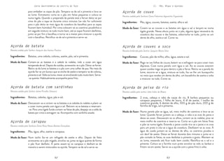 52 53
52 53
Carta Gastronómica da Lezíria do Tejo II. Pão, Migas e Açordas
Açorda de peixe do rio
Receita cedida pelo senhor João Isidro de Matos
Açorda de couves a soco
Receita lembrada pelo Senhor Joaquim Maria Silva
Açorda de couve
Receita cedida pela Senhora Dona Felismina Agostinho Figueiredo
Cozem-se as couves e as batatas em água e sal e lançam-se numa
tigela grande. Nessa altura junta-se o pão, alguma água necessária da
cozedura das couves e das batatas, esborracha-se tudo, junta-se um
dente de alho, azeite e sal. Come-se.
Pega-se nas folhas de couve, batem-se e esfregam-se para cozer mais
depressa. Coze numa panela com água e sal. Ao as couves estarem
quase cozidas miga-se para dentro o pão e ferve. Retira-se a panela do
lume, escorre-se a água, mistura-se tudo, faz-se-lhe um buraquinho
no meio que recebe um dente de alho, um bocadinho de azeite e volta
a misturar-se tudo. Come-se.
Pão, água, couves, batatas, azeite, alho e sal.
Modo de fazer:
Couves, pão de milho, alho, água, azeite e sal.
Modo de fazer:
Numa panela põe-se água, sal, meio molho de coentros e leva-se ao
lume. Quando ferver juntam-se a cabeça, o rabo e as ovas do peixe e
deixa-se cozer. Descascam-se os alhos, cortam-se às rodelas, pica-se
meio molho de coentros e reserva-se. Corta-se o pão em fatias finas
e põe-se numa tigela. Estando o peixe cozido tira-se o peixe e as ovas
para um prato e côa-se a água da cozedura. Desfazem-se as ovas. À
água de coada juntam-se os dentes de alho, os coentros picados e
um decil de azeite. Deixa-se ferver durante dois minutos e junta-se o
pão cortado às fatias, as ovas desfeitas e pimenta a gosto. Mantem-se
ao lume, mexendo até ficar tudo bem cozido. Rectifica-se o sal e a
pimenta. Coloca-se a farinha num prato envolve-se nela os barbos e
fritam-se em azeite. Serve-se a açorda com o peixe frito à volta.
2 ovas, cabeça e rabo de carpa do rio, 8 barbos pequenos ou
carapaus pequenos, 1 folha de louro, 4 dl de azeite, 1 molho de
coentros grande, 6 dentes de alho, 500 g de pão duro, 200 g de
farinha de trigo, sal e pimenta.
Modo de fazer:
Ingredientes:
Ingredientes:
Ingredientes:
para embeber as sopas de pão. Tempera-se de sal e pimenta e leva-se
ao lume. Entretanto corta-se o pão em fatias pequenas e coloca-se
numa tigela. Quando o preparado da panela está a ferver deita-se por
cima do pão e tapa-se durante cinco minutos (se não for suficiente
para o pão deita-se mais água da cozedura do bacalhau para as sopas
ficarem bem húmidas). Por cima colocam-se os coentros picadinhos e
em seguida mistura-se tudo muito bem, até as sopas ficarem desfeitas,
junta-se por fim o bacalhau e torna-se a mexer para misturar a açorda
com o bacalhau. Rectifica-se de sal e pimenta e serve-se.
Açorda de carapau
Receita cedida pela Senhora Dona Rosa Neves Batista Gonçalves
Açorda de batata com sardinhas
Receita cedida pelo Senhor Jaime Pirralho Silvestre
Açorda de batata
Receita cedida pelo Senhor Joaquim dos Santos Paulino
Cortam-se as batatas e a cebola às rodelas, indo a cozer em água
temperada de sal. Depois de cozidas, acrescenta-se o pão. Deixa-se ferver.
Retira-se do lume as batatas e o pão com uma colher de pau. No meio da
açorda faz-se um buraco que se enche de azeite e tempera-se de colorau,
pimenta e sal. Volta ao lume, mexe-se envolvendo tudo muito bem. Serve-
-se quente. Habitualmente acompanha peixe frito.
Descascam-se e cortam-se as batatas e as cebolas às rodelas e põem-se
a cozer numa panela com água e sal. Retiram-se as batatas e reservam-
-se. Para uma tigela funda cortam-se fatias de pão, despeja-se a calda da
batata por cima e esmagam-se. Acompanha com sardinha assada.
Num tacho faz-se um refogado de azeite e alho. Depois de feito
acrescenta-se o pão migado, envolve-se, junta-se água quente de forma
o pão ficar desfeito. À parte assam-se os carapaus e desfiam-se de
maneira a serem misturados na açorda. Tempera-se de sal e serve-se.
Batatas, uma cebola, colorau, azeite, pão, sal e pimenta.
Modo de fazer:
Batatas, cebolas, água, pão e sal.
Modo de fazer:
Modo de fazer:
Pão, água, alho, azeite e carapaus.
Ingredientes:
Ingredientes:
Ingredientes:
 