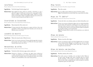 56 57
56 57
Carta Gastronómica da Lezíria do Tejo II. Pão, Migas e Açordas
Migas de batata
Receita cedida pelo Senhor Joaquim Duarte
Migas de batata com bacalhau
Receita cedida pela Senhora Dona Graciosa Margarida Xarana Letra
Migas da “Ti Odélia”
Receita cedida pela Senhora Dona Rosa de Jesus Gomes da Silva
Miga farela
Receita lembrada pela Senhora Dona Maria Joaquina Fernandes
Tira-se a côdea ao pão, esfarela-se, junta-se-lhe alho e azeite.
Nota: O esfarelamento do miolo do pão fazia-se para dentro da côdea.
Cozem-se as couves e as batatas em água e sal, e um rabito de bacalhau
para dar sabor. No fim de bem-cozidas escorre-se o caldo e junta-se o
azeite q.b. e deixa-se ferver um pouco. Mexe-se tudo muito bem com
uma colher de pau. Servem-se em pratos de barro podem acompanhar
com bacalhau assado ou outro tipo de peixe.
Nota: Nos tempos difíceis comiam-se com azeitonas ou um rabito de
sardinha.
Pão, alho e azeite.
Modo de fazer:
Couves-de-todo o ano, batatas, azeite, um rabito de bacalhau e sal.
Modo de fazer:
Cozem-se as batatas em água e sal. Numa frigideira frita-se o toucinho
com um dente de alho. Esmagam-se as batatas e por vaza-se o molho
da fritura do toucinho. Mexe-se tudo muito bem e come-se na
companhia do toucinho frito.
Num tacho coze-se o bacalhau com um dente de alho. Retira-se
ao estar cozido. Na água onde cozeu o bacalhau põe-se um dente
de alho picadinho, o fio de azeite e as batatas cortadas às rodelas.
Deixa-se cozer. Após o preparado estar cozido acompanha o bacalhau
temperado à parte com azeite e alho.
Batatas, toucinho, alho e água.
Bacalhau, batatas, alho e azeite.
Modo de fazer:
Modo de fazer:
Ingredientes:
Ingredientes:
Ingredientes:
Ingredientes:
Caralhotas
Receita cedida pela Senhora Dona Maria Emília Borrega
Merendinhas de milho
Receita cedida Senhora Dona Maria Emília Ferreira G. Pereira
Escaripiada ou Escarpiada
Receita cedida pela Senhora Dona Raquel Pereira Andrade Travassos
Lavadela da maceira
Receita lembrada pela Senhora Dona Maria Joaquina Fernandes
Num alguidar de barro coloca-se a farinha, o fermento e o sal, e
adiciona-se água à medida que se amassa até a massa ganhar bolhas.
Deixa-se levedar a massa durante algum tempo. Tende-se a massa,
parte-se aos bocados e fazem-se pequenas bolas que vão ao forno em
cima de um pano branquinho que depois se retira.
Amassa-se a farinha e o fermento com água morna, adiciona-se
o azeite, uma pitada de sal e a canela. Volta a amassar-se e estando
tudo muito bem amassado retiram-se bocados de massa, com as mãos
moldam-se as merendinhas e vão a cozer à boca do forno.
À massa de pão de milho adiciona-se o azeite, de forma a ficar mais
azeitadinha e ralinha e uma pitada de sal. Estende-se em cima de uma
folha de couve e vai ao forno.
Lavam-se as couves e escorrem. A massa sobrante agarrada na maceira
puxa-se para um canto e trazem-se as folhas de couve que recebem
bocados dessa massa e vão o forno.
Farinha de trigo, fermento, água e sal.
Farinha de milho, fermento, água, azeite, canela e sal.
Massa de pão de milho, azeite e sal.
Restos de massa do pão e folhas de couve.
Modo de fazer:
Modo de fazer:
Modo de fazer:
Modo de fazer:
Ingredientes:
Ingredientes:
Ingredientes:
Ingredientes:
 