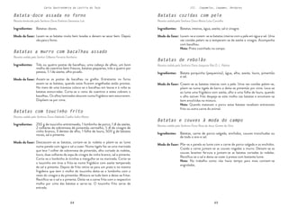64 65
64 65
Carta Gastronómica da Lezíria do Tejo III. Cogumelos, Legumes, Verduras
Batatas de rebolão
Receita cedida pela Senhora Dona Joaquina Rita D. L. Palmar
Batatas e couves à moda do campo
Receita cedida pela Senhora Dona Rosa de Jesus Gomes da Silva
Batatas cozidas com pele
Receita cedida pela Senhora Dona Maria Luísa Carvalho
Lavam-se e cozem-se as batatas inteiras com a pele em água e sal. Uma
vez cozidas pelam-se e temperam-se de azeite e vinagre. Acompanha
com bacalhau.
Nota: Prato cozinhado no campo.
Cozem-se as batatas inteiras com a pele. Uma vez cozidas pelam-se,
põem-se numa tigela de barro e deita-se pimentão por cima. Leva-se
ao lume uma frigideira com azeite, alho e uma folha de louro, quando
o alho estiver frito despeja-se este molho nas batatas e envolvem-se
bem envolvidas na mistura.
Nota: Quando matavam o porco estas batatas recebiam entrecosto
frito ou outra carne do animal.
Põe-se a panela ao lume com a carne de porco-salgada e os enchidos.
Cozida a carne juntam-se as couves migadas a murro. Deixam-se as
couves levantar fervura e juntam-se as batatas cortadas às rodelas.
Rectifica-se o sal e deixa-se cozer à pressa com bastante lume.
Nota: No trabalho como não havia tempo para mais comiam-se
engroladas.
Batatas inteiras, água, azeite, sal e vinagre.
Modo de fazer:
Batata porquinha (pequenina), água, alho, azeite, louro, pimentão
e sal.
Batatas, carne de porco-salgada, enchidos, couves tronchudas ou
de todo o ano e sal.
Modo de fazer:
Modo de fazer:
Ingredientes:
Ingredientes:
Ingredientes:
Batatas com toucinho frito
Receita cedida pelo Senhora Dona Adelaide Coelho Isidro Matos
Batatas a murro com bacalhau assado
Receita cedida pelo Senhor Gilberto Ferreira Azinheira
Batata-doce assada no forno
Receita lembrada pela Senhora Dona Etelvina Genoveva Luís
Lavam-se as batatas muito bem lavadas e deixam-se secar bem. Depois
vão para o forno.
Assam-se as postas de bacalhau na grelha. Entretanto no forno
assam-se as batatas, quando estas ficarem engelhadas estão prontas.
No meio de uma travessa coloca-se o bacalhau em lascas e à volta as
batatas esmurradas. Corta-se o ramo de coentros e estes cobrem o
bacalhau. Os alhos laminados alouram numa frigideira sem esturrarem.
Dispõem-se por cima.
Batatas-doces.
Modo de fazer:
Três ou quatro postas de bacalhau, uma cabeça de alhos, um bom
molho de coentros bem frescos, batatas pequenas, três a quatro por
pessoa, ½ l de azeite, alho picado.
Modo de fazer:
Descascam-se as batatas, cortam-se às rodelas e põem-se ao lume
numa panela com água e sal a cozer. Numa tigela faz-se uma marinada
que leva 1 colher de sobremesa de pimentão, alho cortado às rodelas,
louro, duas colheres de sopa de vinagre de vinho branco, sal e pimenta.
Corta-se o lombinho às tirinhas e mergulha-se na marinada. Corta-se
o toucinho em tiras e frita-se numa frigideira com azeite temperado
de sal e pimenta. Depois de frito retira-se para um prato e na mesma
frigideira que tem o molho do toucinho deita-se o lombinho com o
resto do vinagre e do pimentão. Mistura-se tudo bem e deixa-se fritar.
Rectifica-se o sal e a pimenta. Deita-se a carne frita com o respectivo
molho por cima das batatas e serve-se. O toucinho frito serve de
entrada.
250 g de toucinho entremeado, 1 lombinho de porco, 1 dl de azeite,
2 colheres de sobremesa de pimentão vermelho, ½ dl de vinagre de
vinho branco, 3 dentes de alho, 1 folha de louro, 500 g de batatas
novas, sal e pimenta.
Modo de fazer:
Ingredientes:
Ingredientes:
Ingredientes:
 