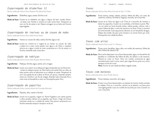 72 73
72 73
Carta Gastronómica da Lezíria do Tejo III. Cogumelos, Legumes, Verduras
Favas com arroz
Receita cedida pela Senhora Dona Lucília V. V. Marques
Favas com batatas
Receita cedida pelo Senhor Jaime Pirralho Silvestre
Favas
Receita cedida pela Senhora Dona Maria Gracinda da Silva T. D. Maia
Lavam-se as favas em água e sal. Frita-se o toucinho de maneira a
deixá-los sequinhos. Cozem-se os enchidos, a farinheira à parte. Põe-
-se um tacho ao lume levando azeite, cebola picada, colorau, três a
quatro folhas de alho, o ramo de coentros e as favas. Ficam a cozinhar
em lume brando. Caso seja preciso adiciona-se um bocadinho de água.
Depois de cozidas vão para uma travessa e as carnes ficam por cima.
Acompanha com salada de alface.
Favas tenras, azeite, cebola, colorau, folhas de alho, um ramo de
coentros, colorau, farinheira, linguiça, morcela, sal e toucinho.
Modo de fazer:
Num tacho depositam-se as favas descascadas, água, um bocadinho de
bacalhau e o molhinho das folhas de alho, de cebola e o de coentros.
Deixam-se cozer as favas. Uma vez cozidas acrescenta-se água
necessária para cozer o arroz, assim que a água ferver junta-se o arroz,
tempera-se de sal e coze.
Nota: Comia-se com salada de alface migada miúda.
Cozem-se as favas descascadas e as batatas do mesmo modo cortadas
às rodelas. Frita-se o toucinho, retiram-se as batatas e as favas para
uma tigela grande e vaza-se o molho do toucinho por cima. Comem-se
com o toucinho.
Favas, arroz, bacalhau, água, alho, um molho de coentros, folhas de
alho, folhas de cebola e sal.
Favas, batatas, toucinho, sal e água.
Modo de fazer:
Modo de fazer:
Ingredientes:
Ingredientes:
Ingredientes:
Esparregado de nabiças
Receita cedida pela Senhora Dona Arlete Marques Martinho Matias
Esparregado de ineixas ou de couve de nabo
Receita cedida pela Senhora Dona Gilda Ferreira André
Esparregado de papoilas
Receita cedida pelo Senhor Leandro António da Conceição Raimundo
Esparregado de diabelhas II
Receita cedida pela Senhora Dona Perpétua Elisa Bernardino Duarte
Cozem-se as diabelhas em água e depois de bem cozidas fazem-
-se bolas com farinha e mistura-se tudo muito bem. Temperam-se
com um fio de azeite e sal. Depois esmagam-se as bolas até ficarem
esparregadas.
Lavam-se, cortam-se e migam-se as ineixas ou couves de nabo
e põem-se a cozer numa panela com água e sal. Feita a cozedura
escorre-se a água e ainda ao lume acrescenta-se o fio de azeite e a
farinha, mexendo tudo muito bem.
Lavam-se as papoilas, migam-se. Numa frigideira com azeite quente
e alhos picados, deitam-se as papoilas, que ficam a frigir em breves
instantes, tendo-se o cuidado de mexer. Aos poucos acrescenta-se a
farinha mexendo sempre e tempera-se de sal.
Diabelhas, água, azeite, farinha e sal.
Modo de fazer:
Ineixas ou couves de nabo, azeite, farinha, água e sal.
Papoilas, alho, azeite e farinha.
Modo de fazer:
Modo de fazer:
Lavam-se e cozem-se as nabiças em água temperada com sal. Escorrem-
-se bem as nabiças e picam-se. Num tacho com azeite frita-se o alho, ao
estar pronto retira-se adicionam-se as nabiças ao azeite. Temperam-se
com uma pitada de sal e deixa-se ferver um pouco, mexendo sempre.
Junta-se a farinha e um fio de vinagre. Estando tudo misturado fica a
cozer mais um bocadinho e retira-se. Acompanha peixe-frito.
Nabiças, farinha, água, azeite, sal e vinagre.
Modo de fazer:
Ingredientes:
Ingredientes:
Ingredientes:
Ingredientes:
 