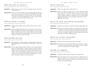 82 83
82 83
Carta Gastronómica da Lezíria do Tejo III. Cogumelos, Legumes, Verduras
Grelos de couve com rabicho de bacalhau
Receita cedida pelo Senhor Manuel Matias coelho
Grelos de ineixas com batatas
Receita lembrada pelo Senhor Joaquim António Rafael
Guisado de cogumelos
Receita cedida pelo Senhor António Maria Bernardino
Grelos com arroz
Receita cedida pelo Senhor Manuel Matias Coelho
Lavam-se e migam-se os grelos. Para um tacho com azeite, cebola
picada e alho do mesmo modo, põem-se a lume. Antes de a cebola
alourar juntam-se os grelos e deixam-se fervilhar durante alguns
minutos e a seguir acrescenta-se a água para cozer o arroz. Mal a água
levante fervura introduz-se o arroz, tempera-se de sal e fica a cozer.
Nota: Não tinha conduto.
Grelos, arroz, água, azeite, cebola, alho e sal.
Modo de fazer:
Descascam-se as batatas e deitam-se para uma panela com água e sal e
uma cebola a cozerem. Ao as batatas e a cebola estarem quase cozidas
acrescenta-se o rabicho de bacalhau já demolhado. Coze. Escolhem-
-se, lavam-se e migam-se os grelos que cozem à parte. Depois de tudo
cozido serve-se e cada um tempera no prato.
Escolhem-se e lavam-se os grelos. Descascam-se, lavam-se e cortam-
-se as batatas aos quadrados e coze tudo em água e sal. Após a cozedura
escorrem-se e temperam-se com azeite e vinagre.
Para uma caçarola verte-se azeite, adiciona-se cebola picada e os
cogumelos. Cozinham-se. Acrescenta-se um bocadinho de vinho,
deixam-se alourar e temperam-se de sal. Ao serem retirados do lume
borrifam-se com gotas de vinagre.
Grelos de couve, batatas, um rabicho de bacalhau, água, azeite e sal.
Grelos de ineixas, batatas, água, azeite, sal e vinagre.
Cogumelos, azeite, cebola, louro, água, sal, vinagre e vinho.
Modo de fazer:
Modo de fazer:
Modo de fazer:
Ingredientes:
Ingredientes:
Ingredientes:
Ingredientes:
Grão guisado com ovos
Receita cedida pelo senhor João Isidro de Matos
Grão de azeite e vinagre
Receita cedida pela Senhora Dona Maria Jesuína Pereira
Grão com carne de carneiro
Receita cedida pela Senhora Dona Maria Vitória Garcia Ferreira
Cozem-se as carnes. Noutra panela com alguma água do caldo das
carnes coze-se o grão-de-bico, previamente demolhado. Mal a água
levante fervura acrescenta-se a massa e deixa-se cozer. Depositam-
-se o grão e a massa numa tigela funda, por cima as carnes cortadas,
enfeita-se com um raminho de hortelã e serve-se.
O grão e o bacalhau ficam de molho de um dia para o outro. Coze-se o
grão e o bacalhau à parte. Depois de cozidos deitam-se numa travessa
ficando o bacalhau por cima, que recebe rodelas de cebola cortadas
fininhas, tirinhas de pimento, salsa picada e coentros do mesmo modo.
Tempera-se com azeite e gotas de vinagre.
Grão-de-bico, carne de carneiro ou borrego, chouriço, toucinho e
massa de meada.
Modo de fazer:
Grão-de-bico, bacalhau, azeite, cebola, coentros, pimento, salsa e
vinagre.
Modo de fazer:
Lava-se o grão em água corrente e põe-se a cozer numa panela com
água e sal. Numa caçarola com azeite refoga-se a cebola cortada às
rodelas e os alhos. Quando a cebola estiver transparente junta-se ao
refogado o grão, tomate pelado e amassado à mão, a folha de louro,
a salsa, o sal e a pimenta. Deixa-se ferver tudo até cozer o tomate.
Juntam-se os ovos e deixam-se também cozer. Rectifica-se o sal e a
pimenta. Emprata-se pondo um ovo em cada prato.
500 g de grão, 2 tomates grandes, 1 cebola grande, 4 dentes de
alho, 1 folha de louro, 1 ramo de salsa, 1 dl de azeite, 4 ovos, sal e
pimenta.
Modo de fazer:
Ingredientes:
Ingredientes:
Ingredientes:
 