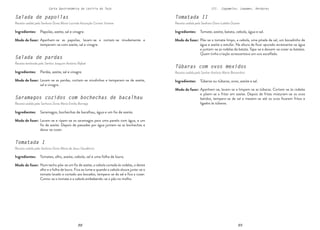 88 89
88 89
Carta Gastronómica da Lezíria do Tejo III. Cogumelos, Legumes, Verduras
Túbaras com ovos mexidos
Receita cedida pelo Senhor António Maria Bernardino
Tomatada II
Receita cedida pela Senhora Dona Lubélia Duarte
Põe-se o tomate limpo, a cebola, uma pitada de sal, um bocadinho de
água e azeite a estufar. Na altura de ficar apurado acrescenta-se água
e juntam-se as rodelas de batata. Tapa-se e deixam-se cozer as batatas.
Quem tinha criação acrescentava um ovo escalfado.
Tomate, azeite, batata, cebola, água e sal.
Modo de fazer:
Apanham-se, lavam-se e limpam-se as túbaras. Cortam-se às rodelas
e põem-se a fritar em azeite. Depois de fritas misturam-se os ovos
batidos, tempera-se de sal e mexem-se até os ovos ficarem fritos e
ligados às túbaras.
Túberas ou túbaras, ovos, azeite e sal.
Modo de fazer:
Ingredientes:
Ingredientes:
Saramagos cozidos com bochechas de bacalhau
Receita cedida pela Senhora Dona Maria Emília Borrega
Tomatada I
Receita cedida pela Senhora Dona Maria de Jesus Gaudêncio
Salada de pardas
Receita lembrada pelo Senhor Joaquim António Rafael
Salada de papoilas
Receita cedida pela Senhora Dona Maria Lucinda Assunção Correia Vicente
Apanham-se as papoilas, lavam-se e cortam-se miudamente e
temperam-se com azeite, sal e vinagre.
Lavam-se as pardas, cortam-se miudinhas e temperam-se de azeite,
sal e vinagre.
Papoilas, azeite, sal e vinagre.
Modo de fazer:
Pardas, azeite, sal e vinagre.
Modo de fazer:
Lavam-se e ripam-se os saramagos para uma panela com água, e um
fio de azeite. Depois de passadas por água juntam-se as bochechas e
deixa-se cozer.
Num tacho põe-se um fio de azeite, a cebola cortada às rodelas, o dente
alho e a folha de louro. Fica ao lume e quando a cebola aloura junta-se o
tomate lavado e cortado aos bocados, tempera-se de sal e fica a cozer.
Comia-se o tomate e a cebola embebendo-se o pão no molho.
Saramagos, bochechas de bacalhau, água e um fio de azeite.
Tomates, alho, azeite, cebola, sal e uma folha de louro.
Modo de fazer:
Modo de fazer:
Ingredientes:
Ingredientes:
Ingredientes:
Ingredientes:
 