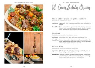 120 121
Carta Gastronómica da Lezíria do Tejo VI. Carnes, Enchidos e Vísceras
Aba de vitela brava com grão e lombarda
Receita cedida pela Senhora Dona Luísa Barroso
Assaduras
Receita lembrada pela Senhora Dona Maria Antónia da Mata Luís
Bife do acém
Receita cedida pela Senhora Dona Arlete Marques Martinho Matias
Numa panela coloca-se água a aba de vitela, chouriça, cenoura, a
batata, a couve lombarda aos quartos, o azeite. Quando a cozedura
estiver adiantada junta-se o grão que foi previamente demolhado.
Colocam-se as assaduras de porco numa grelha temperadas com alho
picado, salsa e cebola do mesmo modo, pimenta e sal. Uma vez assadas
retiram-se para um prato e tempera-se com limão.
Temperam-se os bifes com alho cortado, louro e sal. Depois fritam-
-se em azeite com um bocadinho de banha de porco ou manteiga.
Servem-se polvilhados com pimenta e rodelas de limão.
Água, aba de vitela, chouriço, cenoura, batata, couve lombarda, grão
e azeite.
Assaduras de porco, alhos, cebola, limão, pimenta, salsa e sal.
Bifes-do-acém, alho, azeite, louro, manteiga ou banha de porco, um
bocadinhodepimentaerodasdelimão.
Modo de fazer:
Modo de fazer:
Modo de fazer:
Ingredientes:
Ingredientes:
Ingredientes:
VI. Carnes,EnchidoseVísceras
 