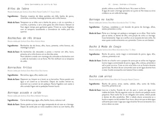 122 123
Carta Gastronómica da Lezíria do Tejo VI. Carnes, Enchidos e Vísceras
Borrego no tacho
Receita cedida pela Senhora Dona Maria Gracinda da Silva T. D. Maia
Parte-se o borrego em pedaços e esmagam-se os alhos. Num tacho
põe-se azeite, os dentes de alho, uma porção de vinho e o borrego.
Coze lentamente. Vigia-se e verifica-se se necessita de mais vinho. Ao
estar quase cozido acrescenta-se o pimentão. Come-se com batatas.
Cachaço, costeletas e um bocado da perna do borrego, alhos,
azeite, pimentão e vinho.
Modo de fazer:
Ingredientes:
Bucho à Moda do Couço
Receita cedida pela Senhora Dona Maria Gracinda da Silva T. S. Maia
Bucho com arroz
Receita lembrada pela Senhora Dona Maria da Conceição Nazaré Catarino
Enche-se o bucho com o preparo da carne que se utiliza nas linguiças
(carne magra e entremeada do porco, água, alho, colorau, pimentão e
sal) e junta-se arroz. Coze-se com uma linha e vai ao fumeiro durante
quinze dias. Na altura de ser consumido coze-se em água durante hora
e meia. Cozido acompanha com batatas fritas e salada.
Lava-se o bucho, ficando de um dia para o outro em água com
rodelas de limão. No dia seguinte corta-se o bucho em pedaços muito
pequenos. Num tacho faz-se um refogado com azeite, cebola picada
e dentes de alho picadinhos. Mal a cebola aloure acrescenta-se o
bucho e espera-se até também ficar louro, altura em que se deita água
suficiente para cozer. Logo que a água levantar fervura acrescenta-se o
arroz e deixa-se cozer.
Bucho de porco, carne magra e entremeada do porco, água, alho,
colorau, pimentão e sal.
Bucho de porco, arroz, azeite, cebola, alho, sumo de limão,
toucinho, pimenta e sal.
Modo de fazer:
Modo de fazer:
Ingredientes:
Ingredientes:
picado, colorau e uma folha de louro. Vai a assar no forno.
A água de cozer o borrego aproveita-se e junta-se-lhe massa ou arroz
e elabora-se um caldo de borrego.
Bochechas de rês brava
Receita cedida pela Senhora Dona Maria Antónia Neves
Borrachos fritos
Receita cedida pela Senhora Dona Maria Elvira Dias Inverno
Borrego assado e caldo
Receita cedida pela Senhora Dona Maria Adelaide Henriques
As bochechas são desusadas e postas a marinar em alho, louro,
pimenta, sal e vinho branco um ou dois dias antes.
Num tabuleiro untado com manteiga são colocadas as bochechas com
o caldo da marinada e vai ao forno. Por fim retificam-se os temperos
do caldo.
Depenam-se, limpam-se e lavam-se os borrachos. Numa panela com
água e sal cozem-se os borrachos. Depois de cozidos retiram-se,
escorrem-se e cortam-se em pedaços. Numa frigideira com azeite e
alho cortado frigem até os pedações ficarem louros.
Numa panela ao lume com água temperada de sal coze-se o borrego.
Depois de cozido põe-se numa assadeira e barra-se com banha, alho
Bochechas de rês brava, alho, louro, pimenta, vinho branco, sal,
manteiga e piripiri.
Borrachos, água, alho, azeite e sal.
Carne de borrego, água, alho, banha, louro, colorau e sal.
Modo de fazer:
Modo de fazer:
Modo de fazer:
Ingredientes:
Ingredientes:
Ingredientes:
Bifes de lebre
Receita lembrada pela Senhora Dona Maria Nazaré Coelho D. F. Sousa Varela
Temperam-se os bifes com a banha de porco, o sal, os cominhos, o
cravinho, a pimenta, o sal e umas gotas de vinho branco. Deixam-se
ficar algum tempo para ganharem gosto. Fritam-se numa frigideira
com os temperos acautelando a consistência do molho para não
queimar.
Quartos traseiros de lebre partidos em bife, banha de porco,
cominhos, cravinhos, manteiga pimenta, sal e vinho branco.
Modo de fazer:
Ingredientes:
 