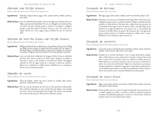 136 137
Carta Gastronómica da Lezíria do Tejo VI. Carnes, Enchidos e Vísceras
Ensopado de carneiro
Receita cedida pela Senhora Dona Maria Augusta Lopes de Jesus
Ensopado de touro bravo
Receita cedida pela Senhora Dona Luísa Barroso
Ensopado de borrego
Receita cedida pela Senhora Dona Luísa Costa
Tempera-se o carneiro barrando-o com a massa de pimento catalão,
alho, a folha de louro, sal e vinho branco, ficando a marinar de um dia
para o outro. Para um tacho corta-se a cebola às rodelas, põe-se a
banha de porco, a carne do carneiro e vaza-se por cima a marinada. O
tacho vai a cozer em lume brando. Vigia-se a acrescenta-se um pouco
de água, quando for necessário. Logo que a carne fique cozida juntam-
-se as batatas descascadas e cortadas aos quadrados e ficam a apurar.
Serve-se no tacho ou em travessa enfeitada com salsa picada.
Numa panela coze-se a carne em água temperada com sal, juntam-se
a cebola migada e os alhos, a cenoura cortada às rodelas, as batatas
cortadas aos quadrados pequenos, o azeite e o vinho branco. Deixa-se
estufar e serve-se com fatias de pão caseiro.
Amanham-se e lavam-se os bocados do borrego. Num tacho faz-se um
refogado que leva azeite, a cebola cortada às rodelas, os dentes de alho
picados e a folha de louro. Na altura de a cebola ficar loura juntam-se
os bocados do borrego e deixa-se alourar. Mal o borrego fique louro
adiciona-se a água, tempera-se com piripiri, sal, e os raminhos de
coentros e hortelã. Deixa-se apurar. No momento de o borrego estar
quase cozido juntam-se as batatas cortadas às rodelas. Fica a cozer.
Rectificam-se os temperos, apura e serve-se.
Carne de carneiro, banha de porco, batatas, cebola, massa, pimento
catalão, vinho branco, alho, louro, sal e salsa.
Água, carne para estufar touro bravo, cebola, alho, batata, cenoura,
sal, azeite e vinho branco.
Borrego, água, alho, azeite, cebola, coentros, hortelã, piripiri e sal.
Modo de fazer:
Modo de fazer:
Modo de fazer:
Ingredientes:
Ingredientes:
Ingredientes:
Dobrada com feijão branco
Receita cedida pela Senhora Dona Vitalina da Conceição Sousa
Dobrada de novilha brava com feijão branco
Receita cedida pelo Senhor Carlos Alberto Sousa Peseiro
Empadão de carne
Receita cedida pela Senhora Dona Maria Elvira Dias Inverno
Lava-se a dobrada bem lavada e coze-se em água e sal. À parte coze-se o
feijão, previamente demolhado. Faz-se um refogado com azeite, banha,
um dente de alho, cebola picada e colorau. Concluído o refogado
recebe a dobrada, deixa-se levantar fervura e por fim coloca-se o
feijão. Verifica-se o sal e a água e apura. Enfeita-se com um ramo de
salsa.
Lava-se muito bem a dobrada com vinagre e limão. Coze-se a dobrada
até ficar bem tenra e reserva-se. Num tacho refoga-se a cebola, o
chouriço, o louro, o alho picado e os tomates em azeite. De seguida
colocam-se 2dl de água, junta-se a cenoura e deixa-se cozinhar.
Mistura-se a dobrada e o feijão branco. Retificam-se os temperos.
Serve-se com coentros picados.
Pica-se a carne e tempera-se com louro, vinho, pimenta e salsa picada.
Num tabuleiro deposita-se uma camada de puré, depois uma camada
de carne, assim sucessivamente até atingir três alturas terminando
com uma camada de puré. Vão ao forno até estar corado.
Dobrada, feijão branco, água, alho, azeite, banha, cebola, colorau,
sal e salsa.
800g de dobrada de novilha brava, sal, pimenta, alho em pó, 500g
de feijão branco cozido, 8 dentes de alho picado, 4dl de azeite, 2
folhas de louro, 4 cebolas picadas, 2 cenouras às rodelas, um chouriço
às rodelas, 100g de coentros picados, 10 tomates pelados e picados.
Puré de batata, restos de carne cozida ou assada, alho, louro,
pimenta, vinho branco e salsa.
Modo de fazer:
Modo de fazer:
Modo de fazer:
Ingredientes:
Ingredientes:
Ingredientes:
 