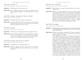144 145
Carta Gastronómica da Lezíria do Tejo VI. Carnes, Enchidos e Vísceras
Galinha de cabidela
Receita cedida pela Senhora Dona Piedade de Jesus Garizo Góis
Galinhola assada
Receita cedida pelo Senhor José Alberto Alves Belo
Aproveita-se o sangue da galinha e mistura-se com azeite e vinagre.
Corta-se a galinha aos bocados, faz-se um estrugido com alho picado,
cebola picada, azeite, louro e toucinho. Assim que a cebola aloure,
mete-se a carne da galinha e um pouco de vinho e deixa-se cozer.
Retira-se a carne do tacho, acrescenta-se água suficiente para o arroz
cozer, deixa-se ferver e quando levantar fervura adiciona-se o arroz.
Logo que o arroz esteja entalado vaza-se o sangue com o vinagre,
mexendo muito depressa para não coalhar, a carne volta ao tacho e
deixa-se apurar. O arroz deve ficar malandrinho ou caldoso.
Depenam-se as galinholas cuidadosamente incluindo as cabeças. Não
se tiram as tripas e chamuscam-se em álcool etílico até enrijarem.
Cortam-se-lhes os bicos e as patas.
Numa frigideira forte com tampa ou num tacho pequeno coloca-
-se um bocado de manteiga (mais ou menos 50 g) e 3 colheres de
sopa de óleo, dois dentes de alho esborrachados por cada galinhola,
deixa-se aquecer bem a gordura e alouram-se as galinholas dentro
da frigideira ou tacho tapadas (a tampa deve ficar bem fechada)
até a zona das tripas rebentar. Ir tirando do recipiente à medida que
forem rebentando. Quando todas as galinholas estiverem rebentadas
colocam-se todas dentro da frigideira, aquecem-se bem e nessa altura
despeja-se um cálice de aguardente velha (muito boa) pega-se fogo,
mantendo a frigideira sob lume forte e vai-se sacudindo até a chama
se apagar. Fora do lume, uma galinhola por uma, corta-se-lhe a cabeça
rente aos olhos de forma a ficarem os miolos. Tira-se com cuidado a
tripa separando a moela que vem agarrada e que se deita fora. Põem-se
as tripas de parte e picam-se cuidadosamente muito finas. Guardam-
-se. Tempera-se as galinholas com sal e pimenta moída na altura e vão
de novo ao lume muito brando com a tampa durante mais ou menos
trinta minutos. A seguir espeta-se um garfo no peito de cada uma
Galinha caseira, arroz, água, alho, azeite, cebola, louro, toucinho,
vinagre e vinho.
Galinholas, 50 gr de manteiga, 3 colheres de sopa de óleo,2 dentes
de alho, aguardente velha, pimenta para moer, sal, 3 ou 4 colheres
de sopa de natas e pão.
Modo de fazer:
Modo de fazer:
Ingredientes:
Ingredientes:
Galinha corada II
Receita cedida pela Senhora Dona Isabel Maria Plácido M. Figueiredo
Galinha corada assada em forno de pão
Receita cedida pela Senhora Dona Rosária Maria
Galinha cozida
Receita cedida pela Senhora Dona Maria Adelaide Henriques
Galinha cozida com arroz e massa
Receita cedida pela Senhora Adelaide Coelho Isidro Maros
Coze-se a galinha em água e sal com papo e tudo. Depois de cozida
retira-se a galinha e tempera-se com alho, pimentão e louro. Vai ao
forno.
Amanha-se a galinha e unta-se bem untada com uma massa composta
pelo alho picado, azeite, colorau, uma folha de louro, sumo do limão e
grãos. Num tabuleiro leva-se ao forno a assar.
Para uma panela com água deita-se uma galinha com um dente de
alho e as carnes. Deixa-se cozer. Depois de tudo cozido retiram-se
as carnes e na mesma água coze-se o arroz ou a massa. Concluída a
cozedura, serve-se a canja e as carnes comem-se com pão.
Amanha-se a galinha, corta-se aos bocados e coloca-se numa panela
com água, tomilho. Ao estar quase cozida junta-se o arroz e a massa.
Fica a cozer.
Galinha, água, alho, louro, pimentão e sal.
Uma galinha, alho, azeite, colorau, louro, limão e sal.
Galinha, arroz ou massa, água, alho, chouriço, linguiça e toucinho.
Uma galinha, arroz, massa, água, tomilho e sal.
Modo de fazer:
Modo de fazer:
Modo de fazer:
Modo de fazer:
Ingredientes:
Ingredientes:
Ingredientes:
Ingredientes:
 