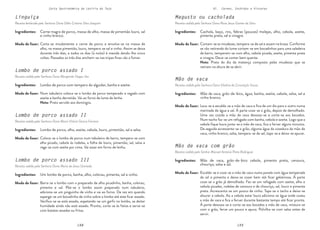 148 149
Carta Gastronómica da Lezíria do Tejo VI. Carnes, Enchidos e Vísceras
Magusto ou cacholada
Receita cedida pela Senhora Dona Rosa Jesus Gomes da Silva
Mão de vaca
Receita cedida pela Senhora Dona Vitalina da Conceição Sousa
Mão de vaca com grão
Receita cedida pelo Senhor Manuel António Pinto Rodrigues
Cortam-se as miudezas, tempera-se de sal e assam na brasa. Conforme
se vão retirando do lume cortam-se em bocadinhos para uma saladeira
de barro, temperam-se com alho, cebola picada, azeite, pimenta preta
e vinagre. Deve-se comer bem quente.
Nota: Prato do dia da matança composto pelas miudezas que se
retiram na altura de se abrir.
Lava-se e escalda-se a mão de vaca e fica de um dia para o outro numa
marinada de água e sal. À parte coze-se o grão, depois de demolhado.
Uma vez cozida a mão de vaca desossa-se e corta-se aos bocados.
Num tacho faz-se um refogado com banha, cebola e azeite. Logo que a
cebola fique loura junta-se a mão de vaca, fica a ferver alguns minutos.
De seguida acrescenta-se o grão, alguma água da cozedura da mão de
vaca, vinho branco, salsa, tempera-se de sal, tapa-se e deixa-se apurar.
Escalda-se e coze-se a mão de vaca numa panela com água temperada
de sal e pimenta e deixa-se cozer bem até ficar gelatinosa. À parte
coze-se o grão já demolhado. Faz-se um refogado com azeite, alho e
cebola picadas, rodelas de cenoura e de chouriço, sal, louro e pimenta
preta. Acrescenta-se um pouco de vinho. Tapa-se o tacho e deixa-se
alourar a cebola. Ao a cebola estar loura adiciona-se água onde cozeu
a mão de vaca e fica a ferver durante bastante tempo até ficar pronta.
À parte desossa-se e corta-se aos bocados a mão de vaca, mistura-se
com o grão, ferve um pouco e apura. Polvilha-se com salsa antes de
servir.
Cachola, baço, rins, febras (poucas) molejas, alho, cebola, azeite,
pimenta preta, sal e vinagre.
Mão de vaca, grão-de-bico, água, banha, azeite, cebola, salsa, sal e
vinho branco.
Mão de vaca, grão-de-bico cebola, pimenta preta, cenoura,
chouriço, salsa e sal.
Modo de fazer:
Modo de fazer:
Modo de fazer:
Ingredientes:
Ingredientes:
Ingredientes:
Linguiça
Receita lembrada pela Senhora Dona Délia Cristina Silva Joaquim
Lombo de porco assado I
Receita cedida pela Senhora Dona Margarida Viegas Vaz
Lombo de porco assado II
Receita cedida pela Senhora Dona Maria Vitória Garcia Ferreira
Lombo de porco assado III
Receita cedida pela Senhora Dona Maria de Jesus Granada
Corta-se miudamente a carne de porco e envolve-se na massa de
alho, na massa pimentão, louro, tempera-se sal e vinho. Assim se deixa
durante três dias, e todos os dias (à noite) é mexida dando-lhe cinco
voltas. Passados os três dias enchem-se nas tripas finas vão a fumar.
Num tabuleiro coloca-se o lombo de porco temperado e regado com
azeite e banha derretida. Vai ao forno de lume de lenha.
Nota: Prato servido aos domingos.
Coloca-se o lombo de porco num tabuleiro de barro, tempera-se com
alho picado, cebola às rodelas, a folha de louro, pimentão, sal, salsa e
rega-se com azeite por cima. Vai assar em forno de lenha.
Barra-se o lombo com o preparado de alho picadinho, banha, colorau,
pimenta e sal. Põe-se o lombo assim preparado num tabuleiro,
adiciona-se um pinguinho de vinho e vai ao forno. De vez em quando
asperge-se um bocadinho de vinho sobre o lombo até este ficar assado.
Verifica-se se está assado, espetando-se um garfo no lombo, se deitar
humidade ainda não está assado. Pronto, corta-se às fatias e serve-se
com batatas assadas ou fritas.
Carne magra de porco, massa de alho, massa de pimentão louro, sal
e vinho branco.
Lombo de porco com tempero do alguidar, banha e azeite.
Lombo de porco, alho, azeite, cebola, louro, pimentão, sal e salsa.
Um lombo de porco, banha, alho, colorau, pimenta, sal e vinho.
Modo de fazer:
Modo de fazer:
Modo de fazer:
Modo de fazer:
Ingredientes:
Ingredientes:
Ingredientes:
Ingredientes:
 