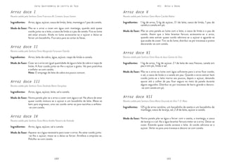 160 161
Carta Gastronómica da Lezíria do Tejo VII. Bolos e Doces
Arroz doce V
Receita cedida pela Senhora Dona Maria Cacilda Rabita
Arroz doce VI
Receita cedida pela Senhora Dona Rosa de Jesus Gomes da Silva
Arroz doce VII
Receita cedida pela Senhora Dona Maria Gracinda da Silva T. D. Maia
Põe-se uma panela ao lume com o leite, a casca de limão e o pau de
canela. Assim que o leite levantar fervura acrescenta-se o arroz,
quando este estiver quase cozido adiciona-se o açúcar e aguarda-se
que acabe de cozer. Tira-se do lume, distribui-se por travessas e pratos
decorando-se com canela.
Põe-se o arroz ao lume com água suficiente para o arroz ficar cozido,
o sal, a casca de limão e a canela em pau. Quando o arroz estiver bem
cozido junta-se o leite morno aos poucos, depois o açúcar, deixando
apurar até a colher de pau ficar segura no meio da panela durante
alguns segundos. Distribui-se por travessas de barro grande e decora-
-se com canela em pó.
Numa panela põe-se água a ferver com o azeite, a manteiga, a casca
de laranja e o sal. Ao a água levantar fervura mete-se o arroz. Deixa-se
cozer. Estando quase cozido acresce o leite. Já cozido adiciona-se o
açúcar. Verte-se para uma travessa e decora-se com canela.
1 kg de arroz, 5 kg de açúcar, 3 l de leite, casca de limão, 1 pau de
canela e canela em pó.
1 kg de arroz, 1 kg de açúcar, 2 l de leite de vaca frescos, canela em
pau e em pó, limão e sal.
125 g de arroz carolino, um bocadinho de azeite e um bocadinho de
manteiga, casca de laranja, sal, 2 dl de leite, açúcar e canela.
Modo de fazer:
Modo de fazer:
Modo de fazer:
Ingredientes:
Ingredientes:
Ingredientes:
Arroz doce I
Receita cedida pela Senhora Dona Francisca M. Canteiro Sousa Santos
Arroz doce II
Receita cedida pela Senhora Dona Margarida Fortunato Damião
Arroz doce III
Receita cedida pela Senhora Dona Deolinda Maria Gonçalves
Arroz doce IV
Receita cedida pela Senhora Dona Maria Amélia Navarro de Andrade
Põe-se o arroz a cozer em água com manteiga, quando está quase
cozido junta-se o leite, a casca de limão e o pau de canela. Fica ao lume
até estar enxuto. Ainda no lume acrescenta-se o açúcar e deixa-se
ferver um bocadinho. Fica seco para se cortar às fatias.
Coze-se o arroz em igual quantidade de água e leite de cabra e raspa de
limão. A ficar cozido junta-se-lhe o açúcar a gosto. Vai para pratinhos
e enfeita-se com canela.
Nota: O emprego de leite de cabra era pouco comum.
Numa panela põe-se o arroz a cozer com água e sal. Na altura de estar
quase cozido mistura-se o açúcar e um bocadinho de leite. Mexe-se
bem para engrossar, uma vez cozido verte-se para tacinhas e enfeita-
-se com canela.
Aquece-se a água necessária para cozer o arroz. Ao estar cozido junta-
-se-lhe o açúcar, mexe-se e deixa-se ferver. Arrefece e emprata-se.
Polvilha-se com canela.
Arroz, água, açúcar, casca de limão, leite, manteiga e 1 pau de canela.
Arroz, leite de cabra, água, açúcar, raspa de limão e canela.
Arroz, água, açúcar, leite, sal e canela.
Arroz, água, açúcar, sal e canela.
Modo de fazer:
Modo de fazer:
Modo de fazer:
Modo de fazer:
Ingredientes:
Ingredientes:
Ingredientes:
Ingredientes:
 