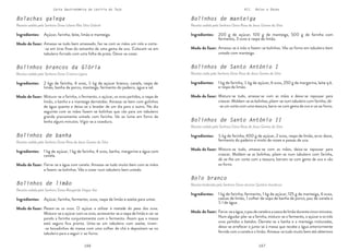 166 167
Carta Gastronómica da Lezíria do Tejo VII. Bolos e Doces
Bolinhos de manteiga
Receita cedida pela Senhora Dona Rosa de Jesus Gomes da Silva
Bolinhos de Santo António I
Receita cedia pela Senhora Dona Rosa de Jesus Gomes da Silva
Bolinhos de Santo António II
Receita cedida pela Senhora Dona Rosa de Jesus Gomes da Silva
Bolo branco
Receita lembrada pela Senhora Dona Jacinta Quitério Inocêncio
Amassa-se à mão e fazem-se bolinhas. Vão ao forno em tabuleiro bem
untado com manteiga.
Mistura-se tudo, amassa-se com as mãos e deixa-se repousar para
crescer. Moldam-se as bolinhas, põem-se num tabuleiro com farinha, dá-
-se um corte com uma tesoura, barra-se com gema de ovo e vai ao forno.
Mistura-se tudo, amassa-se com as mãos, deixa-se repousar para
crescer. Moldam-se as bolinhas, põem-se num tabuleiro com farinha,
dá-se-lhe um corte com a tesoura, barram-se com gema de ovo e vão
ao forno.
Ferve-seaágua,opaudecanelaeacascadelimãodurantecincominutos.
Num alguidar põe-se a farinha, mistura-se o fermento, o açúcar e os três
ovos partidos e batidos. Derrete-se a banha e a manteiga misturadas,
deixa-se arrefecer e junta-se à massa que recebe a água anteriormente
fervida com a canela e o limão. Amassa-se tudo muito bem até obtermos
200 g de açúcar, 100 g de manteiga, 500 g de farinha com
fermento, 3 ovos e raspa de limão.
1 kg de farinha, ½ kg de açúcar, 6 ovos, 250 g de margarina, leite q.b.
e raspa de limão.
½ kg de farinha, 400 g de açúcar, 2 ovos, raspa de limão, erva-doce,
fermento do padeiro e miolo de nozes e passas de uva.
1 kg de farinha, fermento, 1 kg de açúcar, 125 g de manteiga, 6 ovos,
cascas de limão, 1 colher de sopa de banha de porco, pau de canela e
½ l de água.
Modo de fazer:
Modo de fazer:
Modo de fazer:
Modo de fazer:
Ingredientes:
Ingredientes:
Ingredientes:
Ingredientes:
Bolachas galega
Receita cedida pela Senhora Dona Liliana Rita Silva Gabriel
Amassa-se tudo bem amassado, faz-se com as mãos um rolo e corta-
-se em tiras finas do tamanho de uma gema de ovo. Colocam-se em
tabuleiro forrado com uma folha de prata. Deixa-se cozer.
Açúcar, farinha, leite, limão e manteiga.
Modo de fazer:
Ingredientes:
Bolinhos brancos da Glória
Receita cedida pela Senhora Dona Cristina Ligeiro
Bolinhos de limão
Receita cedida pela Senhora Dona Margarida Viegas Vaz
Bolinhos de banha
Receita cedida pela Senhora Dona Rosa de Jesus Gomes da Silva
Mistura-se a farinha, o fermento, o açúcar, os ovos partidos, a raspa de
limão, a banha e a manteiga derretidas. Amassa-se bem com golinhos
de água quente e deixa-se a levedar de um dia para o outro. No dia
seguinte com as mãos fazem-se bolinhas que vão para um tabuleiro
grande previamente untado com farinha. Vai ao lume em forno de
lenha alguns minutos. Vigia-se a cozedura.
Pesam-se os ovos. O açúcar a utilizar é metade do peso dos ovos.
Mistura-se o açúcar com os ovos, acrescenta-se a raspa de limão e vai-se
pondo a farinha conjuntamente com o fermento. Assim que a massa
está segura fica pronta. Unta-se um tabuleiro com azeite, tiram-
-se bocadinhos de massa com uma colher de chá e depositam-se no
tabuleiro para a seguir ir ao forno.
Ferve-se a água com canela. Amassa-se tudo muito bem com as mãos
e fazem-se bolinhas. Vão a cozer num tabuleiro bem untado.
2 kgs de farinha, 4 ovos, ½ kg de açúcar branco, canela, raspa de
limão, banha de porco, manteiga, fermento do padeiro, água e sal.
Açúcar, farinha, fermento, ovos, raspa de limão e azeite para untar.
1 kg de açúcar, 1 kg de farinha, 4 ovos, banha, margarina e água com
canela.
Modo de fazer:
Modo de fazer:
Modo de fazer:
Ingredientes:
Ingredientes:
Ingredientes:
 