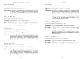 174 175
Carta Gastronómica da Lezíria do Tejo VII. Bolos e Doces
Farófias
Receita cedida pela Senhora Dona Maria Augusta V. Soares
Fatias constipadas
Receita cedida pela Senhora Dona Joaquina Rita D. L. Palmer
Partem-se os ovos, separam-se as gemas das claras e batem-se as
claras em castelo. Reservam-se as gemas. Num tacho mistura-se leite
com açúcar e põe-se ao lume a ferver. Com uma colher colocam-se
claras dentro do leite a ferver e deixam-se cozer. Retiram-se com uma
escumadeira e colocam-se num recipiente fundo. No leite que restou
de cozer as claras faz-se um creme com um pouco de farinha Maizena
e as gemas dos ovos bem batidas. Este derrama-se sobre as claras
cozidas, polvilham-se com açúcar e canela.
Cortam-se, fritam-se ou torram-se fatias de pão trigo. Uma vez fritas
ou torradas passam-se por água e colocam-se num tabuleiro. Cada
fatia de pão é coberta pelo açúcar amarelo, polvilhada com canela e
regada com um pouquinho de vinho tinto, de modo a absorver o açúcar.
Nota: Estas fatias servidas no Entrudo também se davam às criancinhas
para ganharem forças.
Ovos, açúcar, leite, canela e farinha Maizena.
Pão de trigo, açúcar amarelo, água, canela e vinho tinto.
Modo de fazer:
Modo de fazer:
Ingredientes:
Ingredientes:
Fatias paridas I
Receita cedida pela Senhora Dona Arlete Marques Martinho Matias
Embebem-se as fatias em leite, escorrem-se, passam-se por ovo
batido, fritam em azeite. Escorrem-se e polvilham-se com açúcar e
canela.
Fatias-de-pão de forma, ovos, leite, azeite, açúcar e canela.
Modo de fazer:
Ingredientes:
Doce de melão
Receita cedida pela Senhora Dona Vitória Borges Pires
Esquecidos II
Receita lembrada pela Senhora Dona Gilda Ferreira André
Limpar o melão de todas as pevides, bem limpo, passam-se os bocados
do melão por um passe-vite, deitando-se para um tacho na companhia
do açúcar e do pau de baunilha. Mexe-se até ganhar ponto. Deita-se
numa taça.
Num alguidar bate-se o açúcar com os ovos, acrescenta-se a raspa de
limão, deita-se farinha mexendo sempre até resultar numa massa toda
igual. Unta-se um tabuleiro com manteiga e polvilha-se com farinha.
Tira-se a massa com uma colher e fazem-se montinhos no tabuleiro
devendo ficar bem separados porque crescem muito. Levam-se ao
forno bem quente e ficam a cozer.
Melão, açúcar, um pau de baunilha.
Açúcar, ovos, farinha, manteiga para untar e raspa de limão.
Modo de fazer:
Modo de fazer:
Ingredientes:
Ingredientes:
Doce de tomate
Receita cedida pela Senhora Dona Etelvina Marques Dias
Esquecidos I
Receita cedida pela Senhora Dona Maria Vitória Garcia Ferreira
Lavam-se, pelam-se e tiram-se as sementes aos tomates. Põem-se a
cozer, mexendo para não deixar pegar. Adiciona-se o açúcar e o pau de
canela e deixa-se apurar. Emprata-se.
Partem-se os ovos e misturam-se com o açúcar. Junta-se a manteiga
derretida e a raspa de limão e adiciona-se a farinha. Bate-se tudo muito
bem e acrescenta-se farinha, de modo a conseguir-se uma massa a
permitir enrolá-los com a mão. Unta-se o tabuleiro com manteiga e
farinha, fazem-se bolas de massa com as mãos e depositam-se nesse
tabuleiro. Vão ao forno.
Tomates maduros, açúcar e um pau de canela.
Ovos, açúcar, farinha, manteiga e raspa de limão.
Modo de fazer:
Modo de fazer:
Ingredientes:
Ingredientes:
 