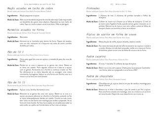 180 181
Carta Gastronómica da Lezíria do Tejo VII. Bolos e Doces
Pípias de azeite em folha de couve
Receita cedida pela Senhora Dona Maria José Garrido Vieira Sousa
Pudim caseiro
Receita cedida pela Senhora Dona Rosa de Jesus Gomes da Silva
Pudim de chocolate
Receita cedida pela Senhora Dona Maria Henriqueta Fonseca
Aos restos da massa do pão de milho acrescenta-se o açúcar, o azeite e
a canela. Amassa-se tudo bem amassado, molda-se a massa em forma
de bolinhos, põem-se em cima de folhas de couve e vão ao forno.
Batem-se os ovos com o açúcar. O leite junta-se aos poucos. Carameliza-
-se a forma, deita-se o preparado e vai ao forno a 180º.
Mistura-se no leite o chocolate, o pau de canela e por fim o açúcar.
Para uma forma untada com manteiga, vaza-se a mistura e vai ao forno
em lume brando. Depois de cozer desenforma-se e come-se.
Massa de pão de milho, açúcar amarelo, azeite e canela.
12 ovos, 1 l de leite, 12 colheres de sopa de açúcar.
Chocolate em pó, açúcar, leite e um pau de canela e manteiga para
barrar a forma.
Modo de fazer:
Modo de fazer:
Modo de fazer:
Ingredientes:
Ingredientes:
Ingredientes:
Pinhoadas
Receita cedida pela Senhora Dona Maria Gracinda da Silva T. D. Maia
Colhem-se, lavam-se e limpam-se as folhas de laranjeira. O mel vai
ao lume numa frigideira funda, quando estiver grosso misturam-se os
pinhões. Retiram-se do lume e com uma colher e sobre as folhas de
laranjeira fazem-se montinho e deixa-se arrefecer.
1 chávena de mel, 2 chávenas de pinhões torrados e folhas de
laranjeira.
Modo de fazer:
Ingredientes:
Maçãs assadas em tacho de cobre
Receita cedida pela Senhora Dona Maria Fernanda Martins Godinho
Marmelos assados no forno
Receita lembrada pela Senhora Dona Margarida Fortunato Damião
Pão-de-ló II
Receita lembrada pela Senhora Dona Maria Gertrudes Roque Bernardes
Abre-se um bocadinho da parte de cima de cada maçã. Cada maçã recebe
um bocadinho de açúcar nessa abertura. Depositam-se num tacho de
cobre. Tapa-se o tacho e assam-se em lume lento. (Não se põe água).
Atiravam-se os marmelos para dentro do forno. Depois de assados,
com um rolo, retiravam-se e limpavam-nos antes de serem comidos
divididos por todos.
Misturam-se as gemas dos ovos com açúcar. Batem-se os ovos e o
açúcar, aos poucos adiciona-se a farinha e o fermento, juntando-se-lhe
as claras antecipadamente batidas em castelo. Envolve-se tudo muito
bem. Unta-se uma forma com manteiga que recebe o preparado. Vai ao
forno em lume brando. Ao ficar louro espeta-se um palito para saber se
está cozido, se o palito vier húmido deixa-se ficar mais um tempo.
Maçãs pequenas e açúcar.
Marmelos.
Açúcar, ovos, farinha, fermento e ovos.
Modo de fazer:
Modo de fazer:
Modo de fazer:
Ingredientes:
Ingredientes:
Ingredientes:
Pão-de-ló I
Receita cedida pela Senhora Dona Maria Vitória Garcia Ferreira
Partem-se os ovos e separam-se as gemas das claras. Batem-se
as claras em castelo. Num alguidar mistura-se e bate-se o açúcar
com as gemas. Acrescenta-se a farinha e continua a bater-se. Por
fim adicionam-se as claras batendo até se conseguir uma massa
consistente, homogénea. Salpica-se uma forma com farinha, vaza-se a
massa e vai ao forno em lume brando.
Ovos, peso igual dos ovos em açúcar, e metade do peso dos ovos de
farinha.
Modo de fazer:
Ingredientes:
 