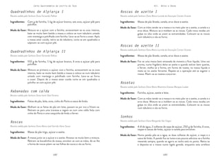 182 183
Carta Gastronómica da Lezíria do Tejo VII. Bolos e Doces
Roscas de azeite I
Receita cedida pela Senhora Dona Maria Lucinda da Assunção Correia Vicente
Roscas de azeite II
Receita cedida pela Senhora Dona Maria Lucinda da Assunção Correia Vicente
Com as mãos tende-se a massa e no meio põe-se o azeite, a canela e a
erva-doce. Mistura-se e moldam-se as roscas. Cada rosca recebe um
golpe no sítio onde se unem as extremidades. Colocam-se as roscas
num tabuleiro e vão ao forno.
Faz-se uma massa bem amassada de maneira a ficar líquida. Uma vez
pronta, numa frigideira deita-se azeite e quando estiver bem quente,
a ferver, molha-se a forma, em forma de roseta, na massa líquida e
mete-se no azeite fervente. Repete-se a operação até se esgotar a
massa. Põem-se as rosetas a escorrer.
Massa de pão lêveda, canela, erva-doce e azeite.
Massa de pão lêveda, canela, erva-doce e azeite.
Modo de fazer:
Modo de fazer:
Ingredientes:
Ingredientes:
Rosetas
Receita cedida pela Senhora Dona Maria Maximina Esteves Marques Loubet
Com as mãos tende-se a massa e no meio põe-se o azeite, a canela e a
erva-doce. Mistura-se e moldam-se as roscas. Cada rosca recebe um
golpe no sítio onde se unem as extremidades. Colocam-se as roscas
num tabuleiro e vão ao forno.
Farinha, açúcar, azeite e leite.
Modo de fazer:
Ingredientes:
Sonhos
Receita cedida pela Senhora Dona Margarida Vaz Viegas
Numa panela põe-se a água, as duas colheres de açúcar, a raspa e a
casca de limão. A panela fica ao lume e aos poucos adiciona-se a farinha
mexendo sempre, quando se agarra ao tacho está no ponto. Retira-se
e deposita-se a massa numa tigela grande, enquanto esta arrefece
4 dl de água, 2 colheres de sopa de açúcar, 250 g de farinha, 6 ovos,
raspas e cascas de limão, açúcar e canela para envolver.
Modo de fazer:
Ingredientes:
Quadradinhos de Alpiarça I
Receita cedida pela Senhora Dona Fernanda Palhais
Quadradinhos de Alpiarça II
Receita cedida pela Senhora Dona Fernanda Palhais
Mistura-se o açúcar com a farinha, acrescentam-se os ovos inteiros,
bate-se muito bem batida a massa e coloca-se num tabuleiro untado
com manteiga e polvilhado com farinha. Leva-se ao forno a cozer. Após
a massa estar cozida, retira-se do tabuleiro, corta-se em quadrados e
salpicam-se com açúcar pilé.
Mistura-se primeiro o açúcar com a farinha, acrescentam-se os ovos
inteiros, bate-se muito bem batida a massa e coloca-se num tabuleiro
untado com manteiga e polvilhado com farinha. Leva-se ao forno
a cozer. Depois de a massa estar cozida corta-se em quadrados e
polvilha-se com açúcar pilé.
Cem g de farinha, ½ kg de açúcar branco, seis ovos, açúcar pilé para
polvilhar.
100 g de farinha, ½ kg de açúcar branco, 6 ovos e açúcar pilé para
polvilhar.
Modo de fazer:
Modo de fazer:
Ingredientes:
Ingredientes:
Rabanadas com calda
Receita cedida pela Senhora Dona Ivone Silva Ferreira
Roscas
Receita cedida pela Senhora Dona Maria José Garrido Vieira Sousa
Molham-se as fatias de pão em leite, passam-se por ovo e fritam-se.
Retiram-se para uma travessa e regam-se com uma calda feita com
vinho do Porto e uma casquinha de limão a ferver.
À massa junta-se o açúcar e o azeite. Amassa-se muito bem a mistura.
Retiram-se bocadinhos da massa, enrolam-se com as mãos, dá-se-lhe
a forma de roscas põem-se nas folhas de couve e vão ao forno.
Fatias de pão, leite, ovos, vinho do Porto e casca de limão.
Massa de pão trigo, açúcar e azeite.
Modo de fazer:
Modo de fazer:
Ingredientes:
Ingredientes:
 