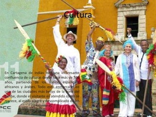 Cultura
En Cartagena de Indias hay una interesante
confluencia de culturas desde hace más de 500
años, partiendo de los indios, españoles,
africanos y árabes. Todo esto enmarcado en
una de las ciudades más bellas de la zona del
Caribe, donde el visitante es atendido como se
merece, al estilo alegre y descomplicado de los
cartageneros.
 