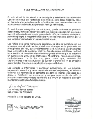 Carta Gobernador de Antioquia a Estudiantes