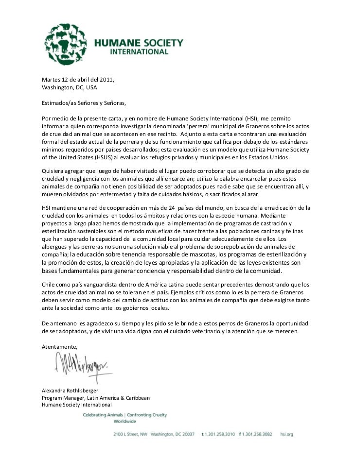 Carta The Humane Society situación perrera Graneros