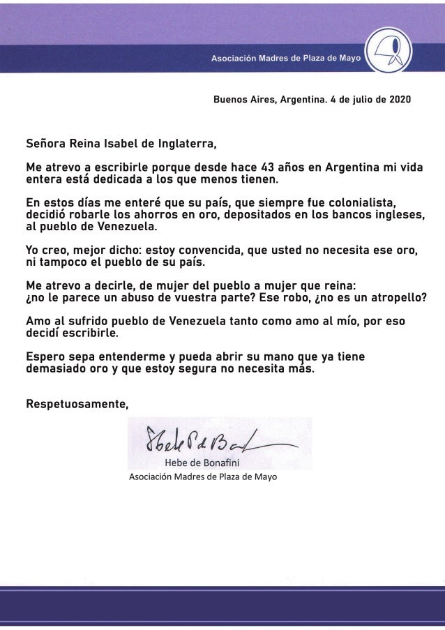 Hebe de Bonafini envía carta a reina Isabel sobre oro venezolano ...