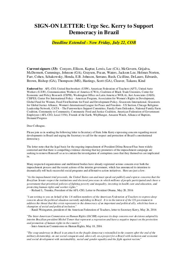 33 deputados norte americanos criticam o golpe how to address a letter to brazil