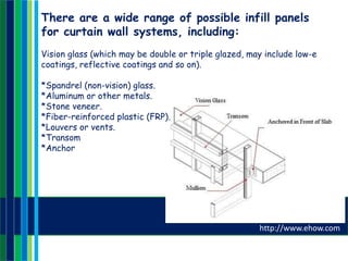 http://www.ehow.com
There are a wide range of possible infill panels
for curtain wall systems, including:
Vision glass (which may be double or triple glazed, may include low-e
coatings, reflective coatings and so on).
*Spandrel (non-vision) glass.
*Aluminum or other metals.
*Stone veneer.
*Fiber-reinforced plastic (FRP).
*Louvers or vents.
*Transom
*Anchor
 